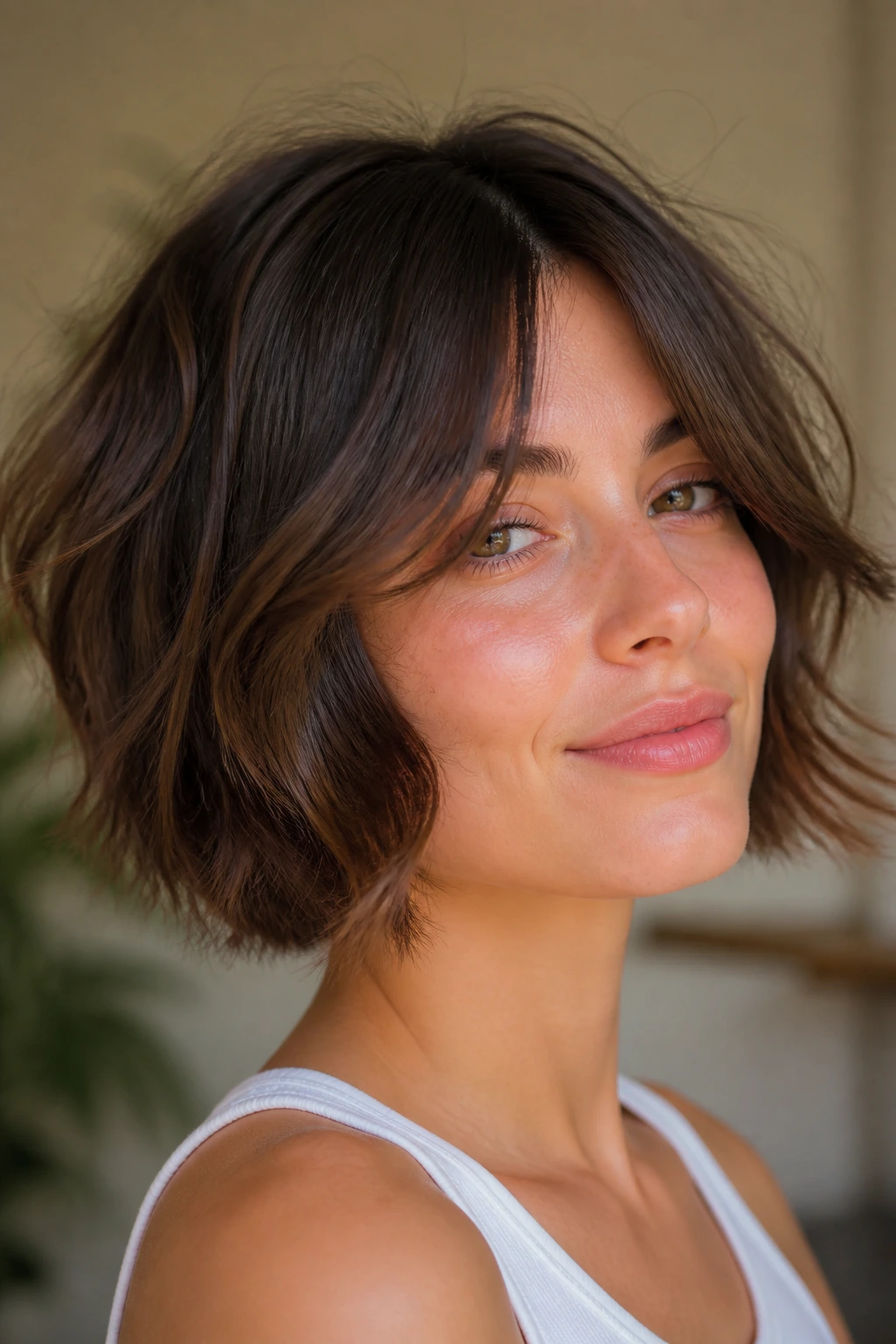 Portrait of a woman with chin-length shag and wispy curtain bangs