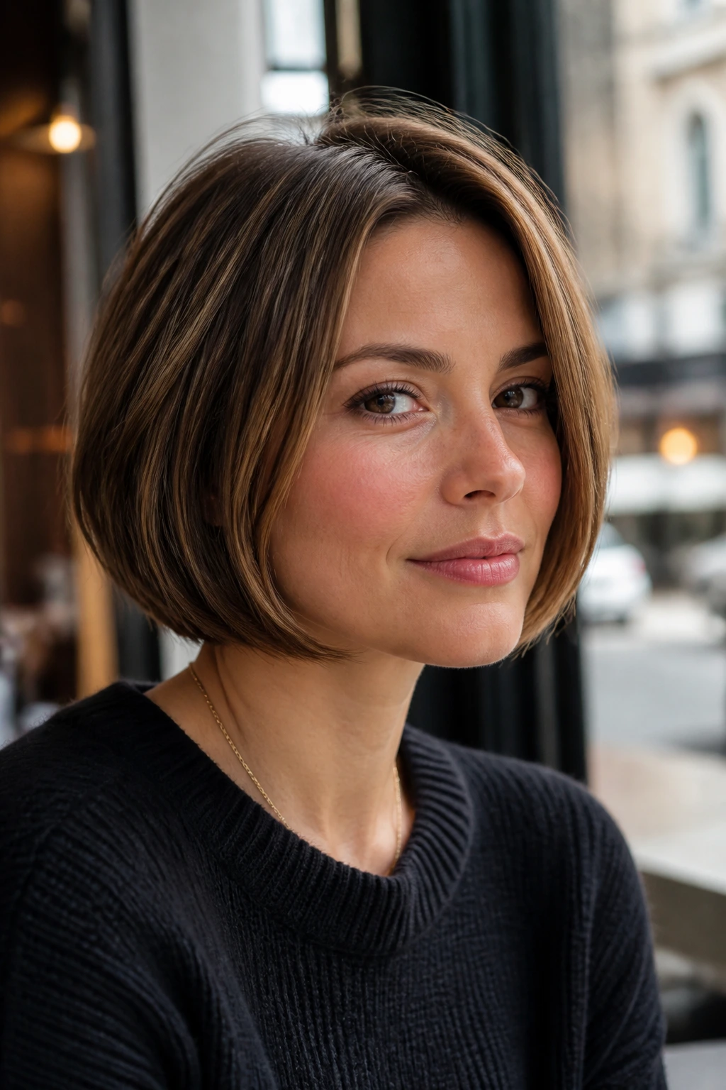 Close-up of a real woman with a chin-grazing stacked bob in cafe window light