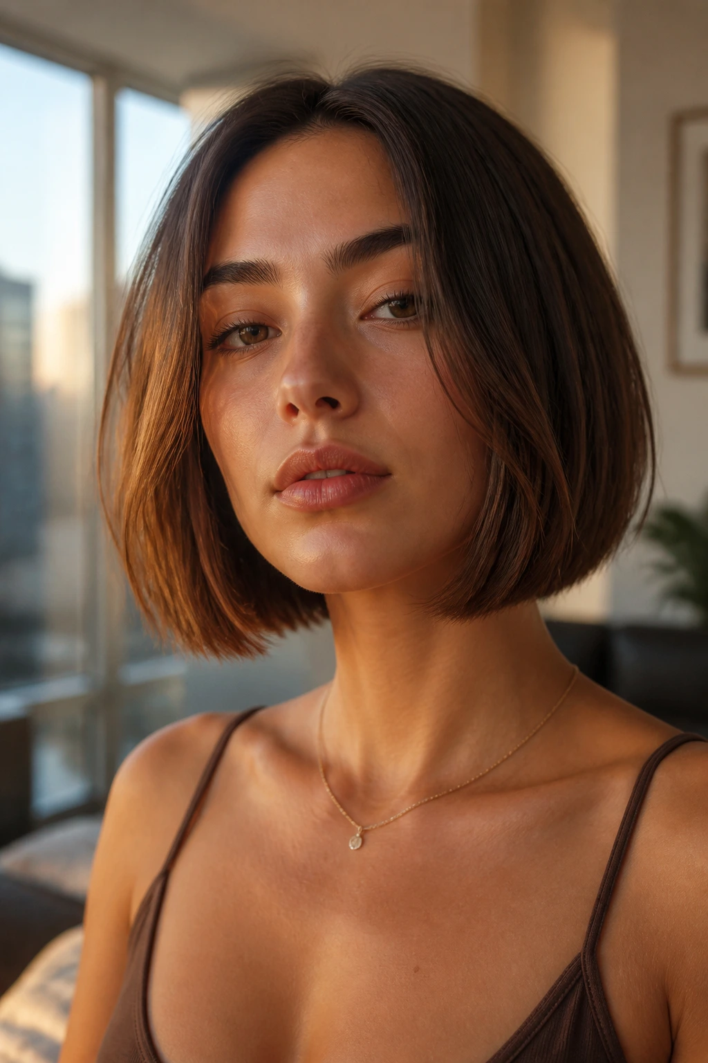 Close-up of a real woman with a chin-grazing structured lob and sharp perimeter