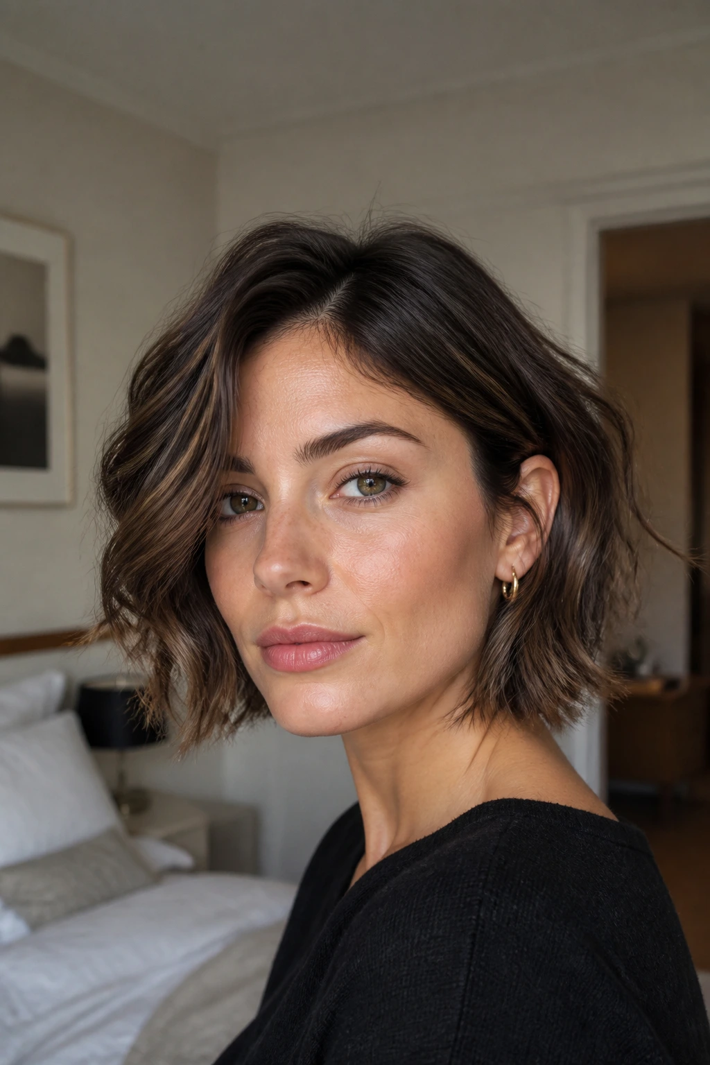 Real woman with chin-length wavy bob and textured edge in soft natural light