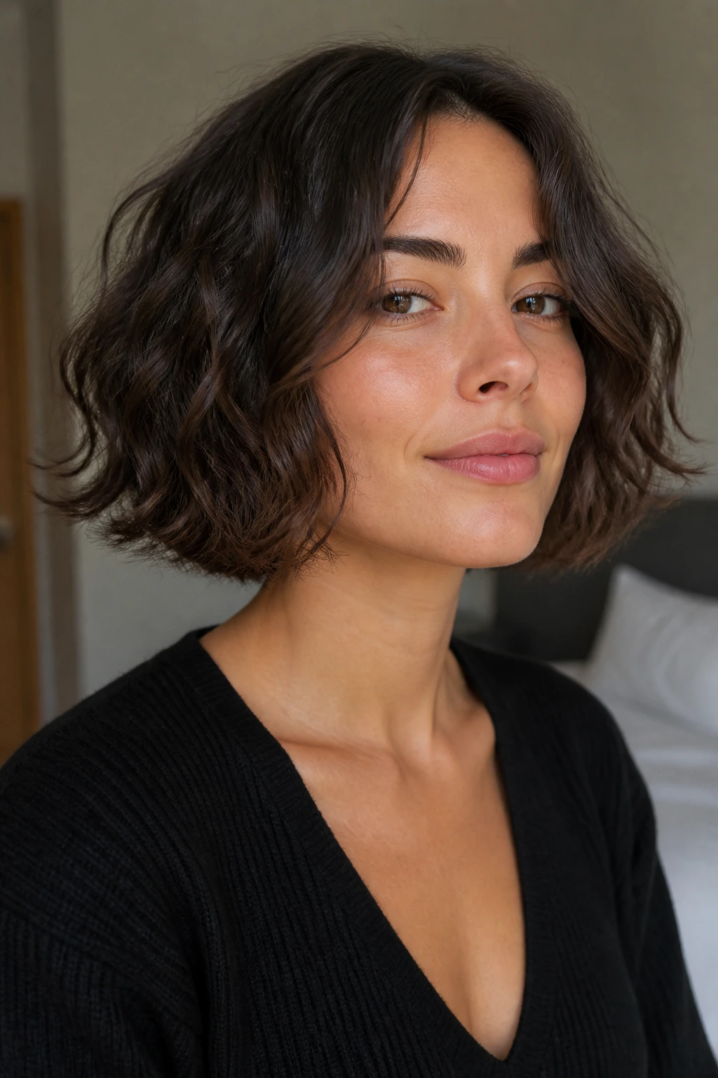 Real woman with chin-length wavy bob in soft, neutral setting