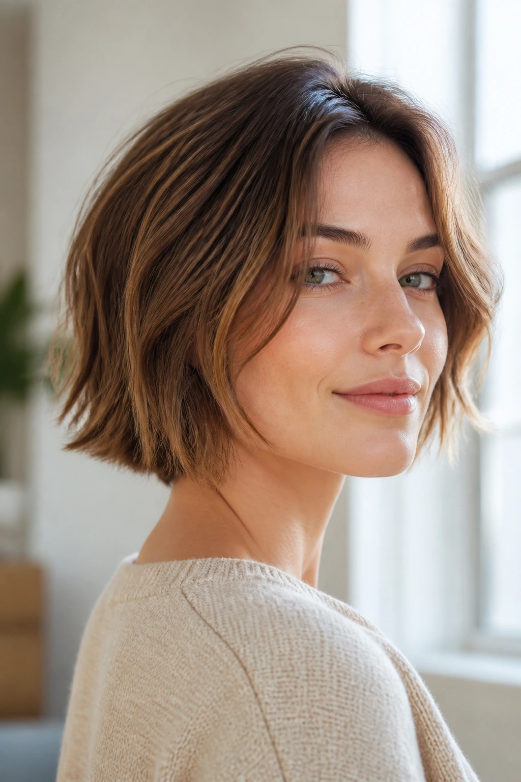 Close-up of chin-grazing wispy bob on a real woman with soft, feathered ends