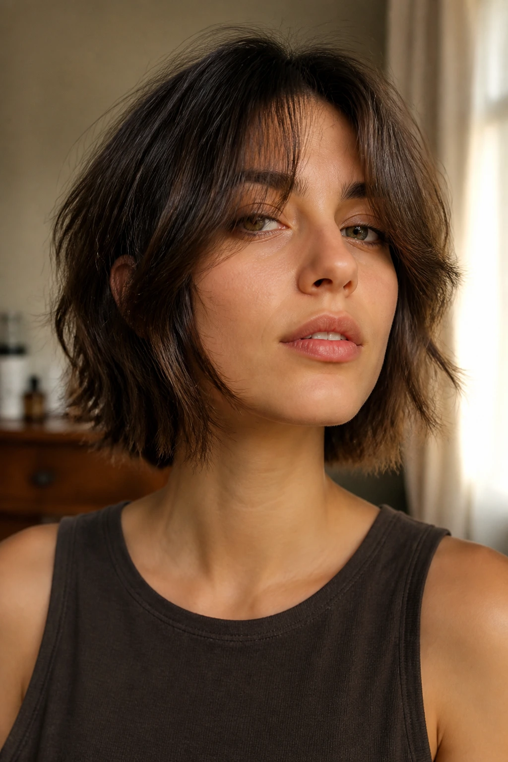 Close-up of chin-grazing wolf cut with curtain bangs on a real person