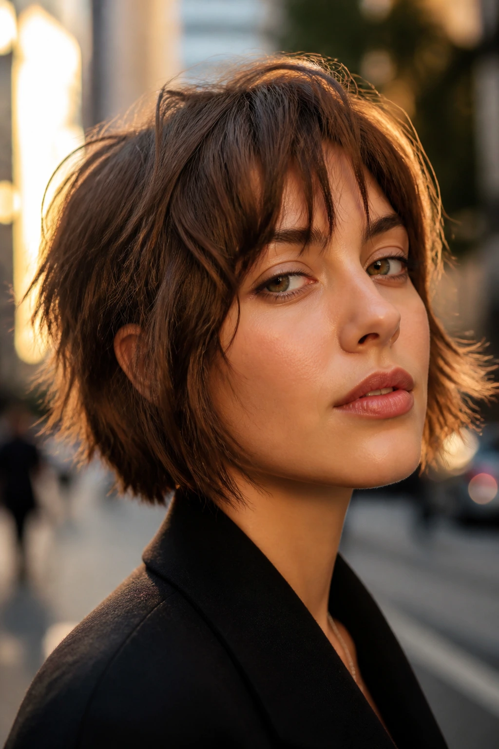 Close-up of a real person with chin-grazing mini wolf cut highlighting jawline and texture