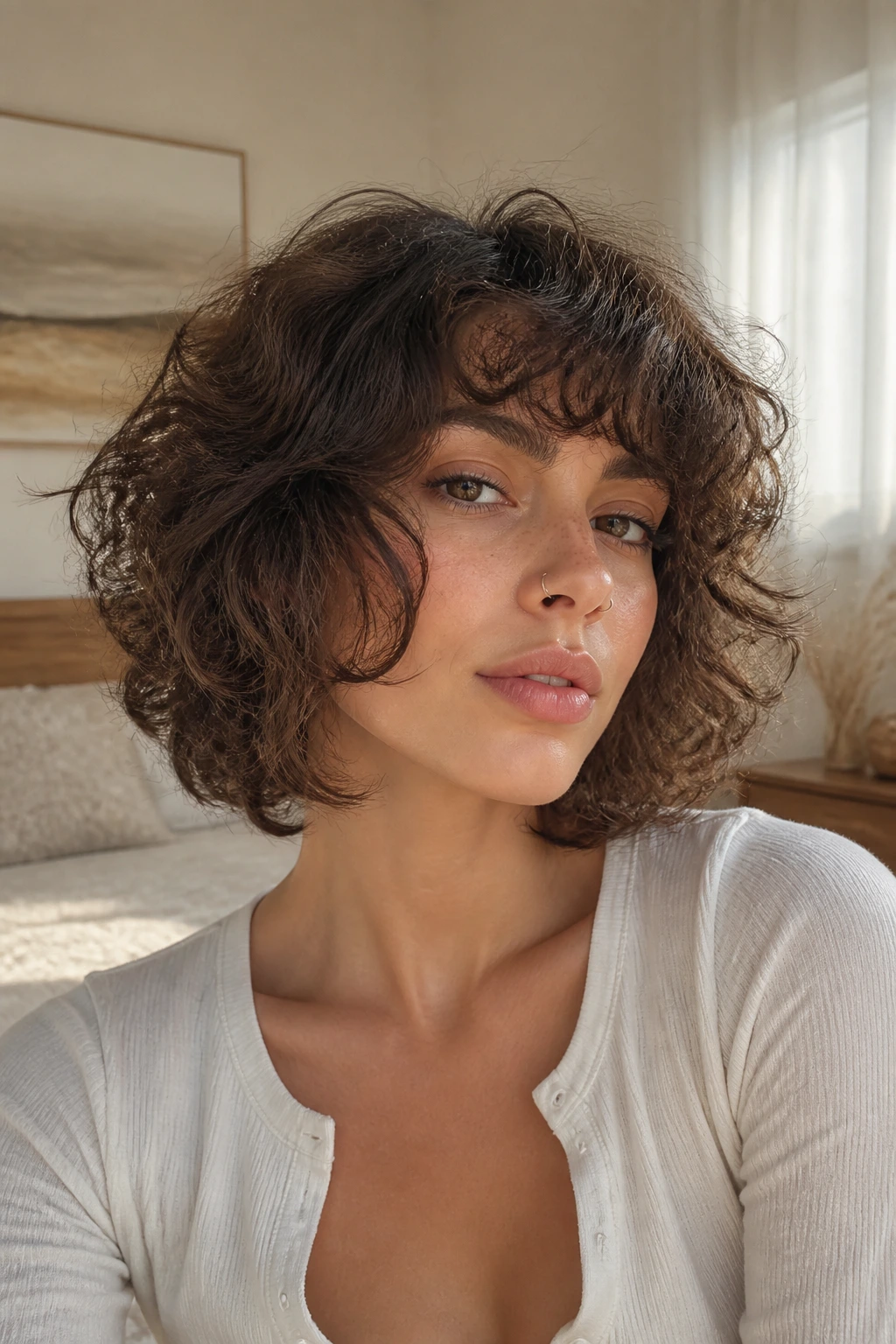 Close-up portrait of a real woman with chin-hugging curve shag and curved bangs in a sunlit bedroom