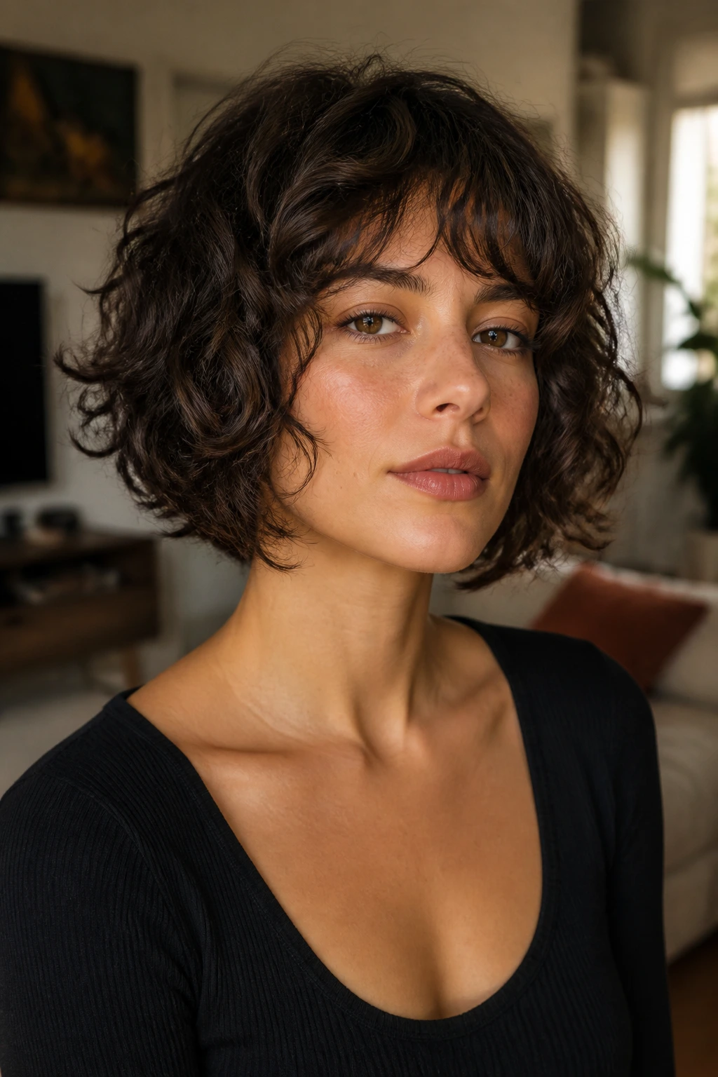 Close-up portrait of a real woman with chin-hugging wolf shag, jaw-length curls framing her face