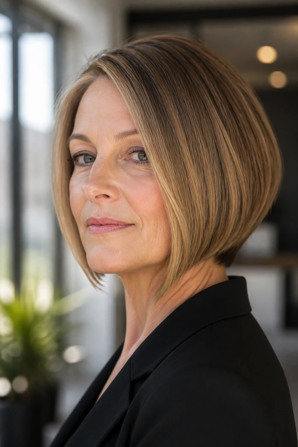 Close-up portrait of a real woman with chin-length A-line bob