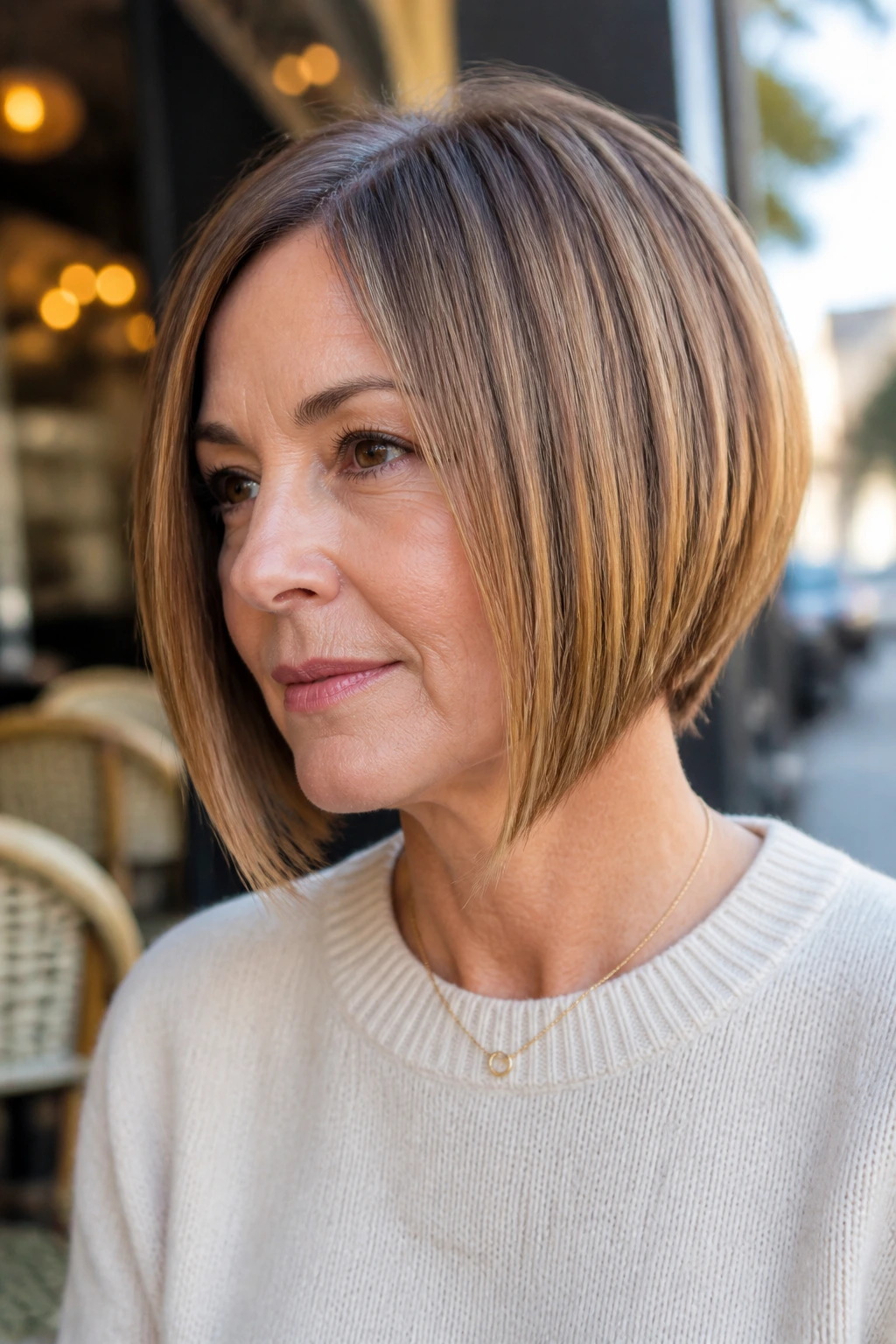 Close-up of a real woman with a chin-length A-line bob