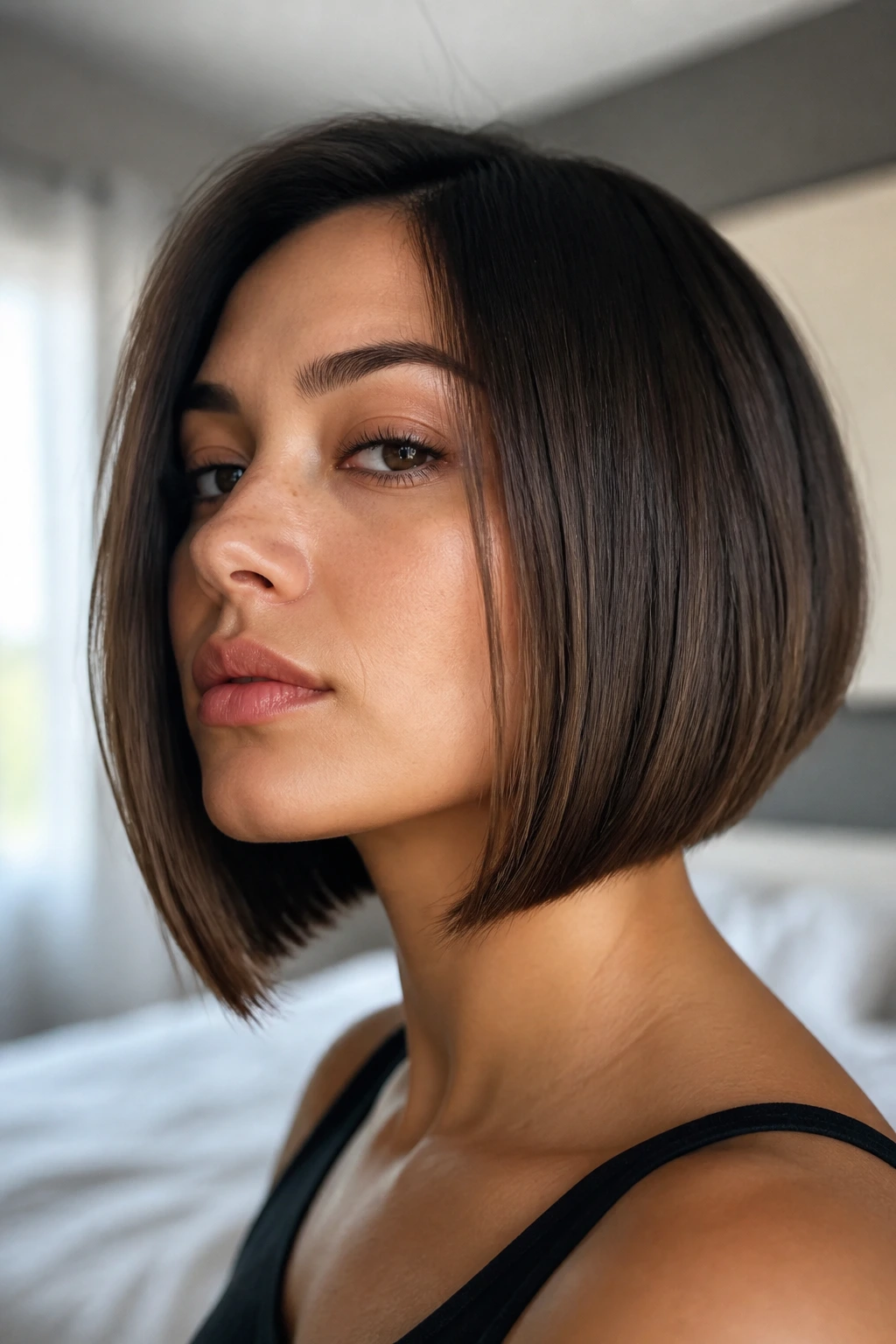 Close-up of a real woman with a chin-length angled bob emphasizing jawline and front edge