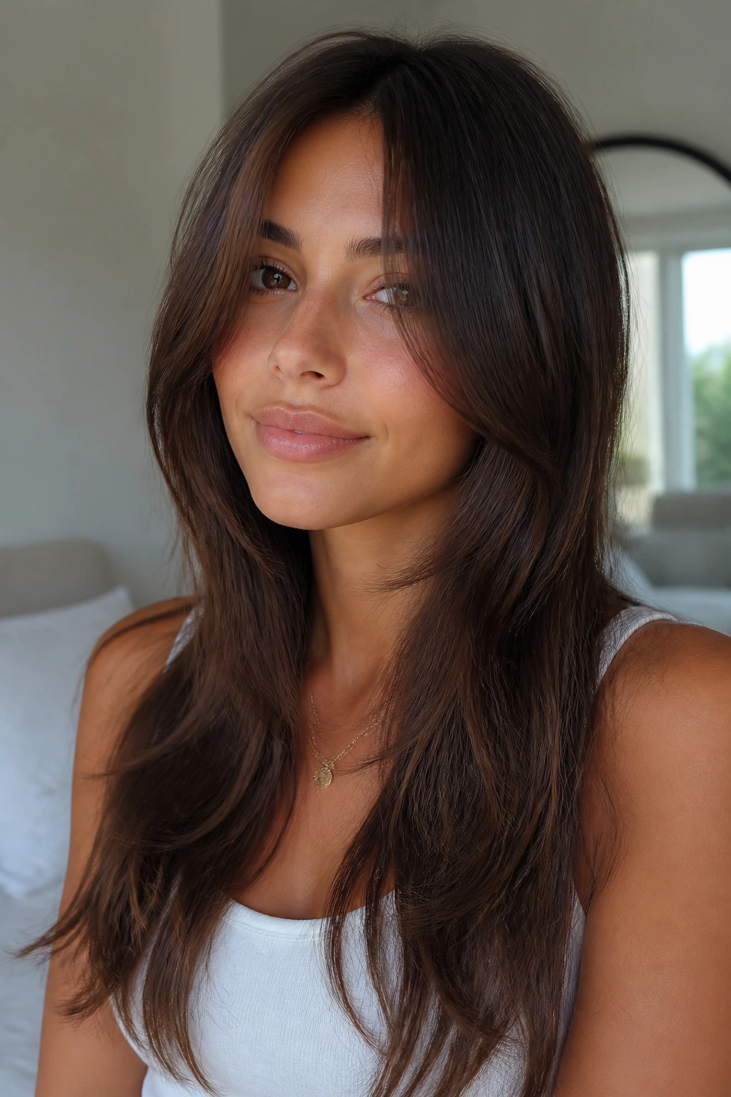 Real woman with chin-length face-framing bangs and long layers