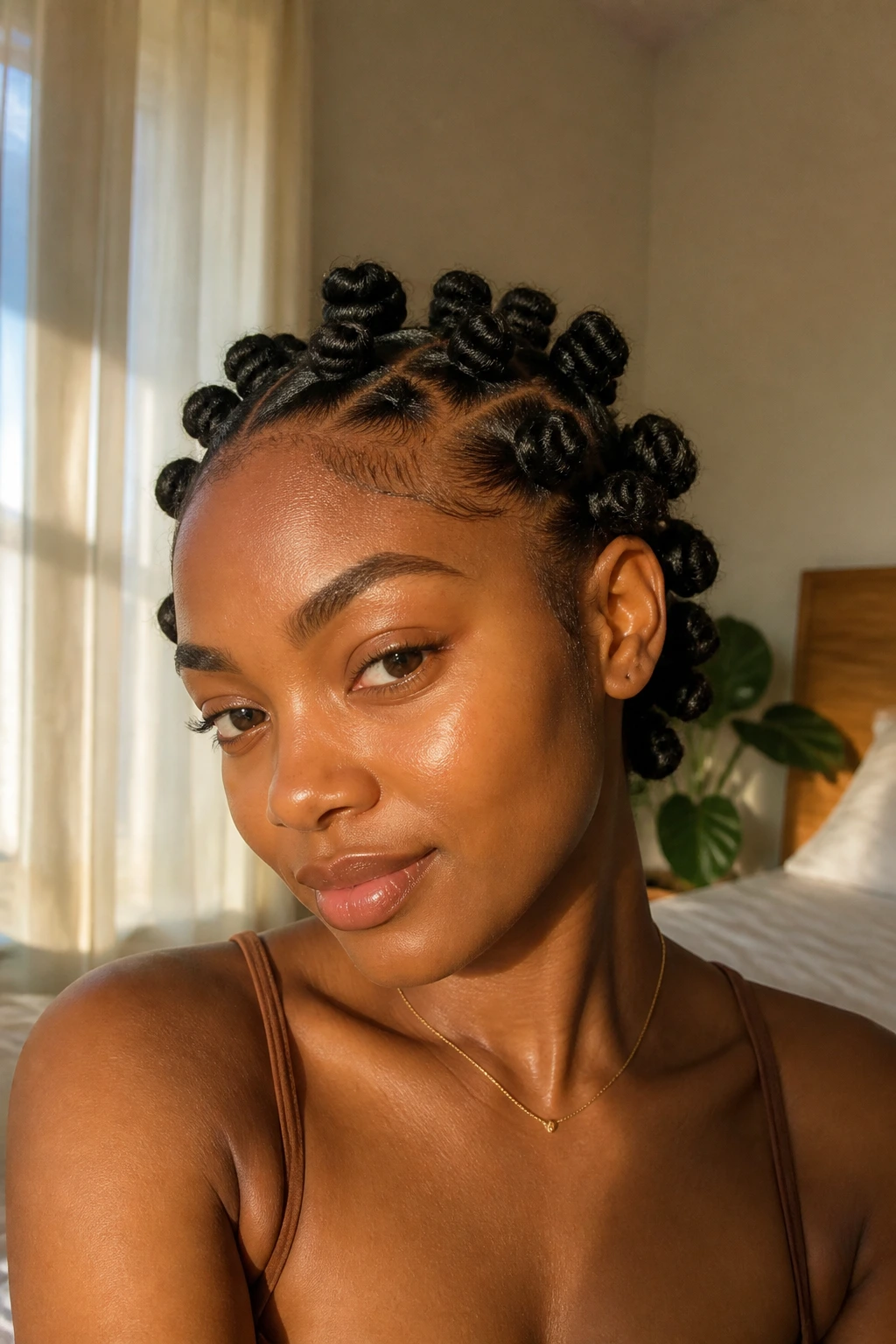 Close-up portrait of a woman with chin-length Bantu knot bob.