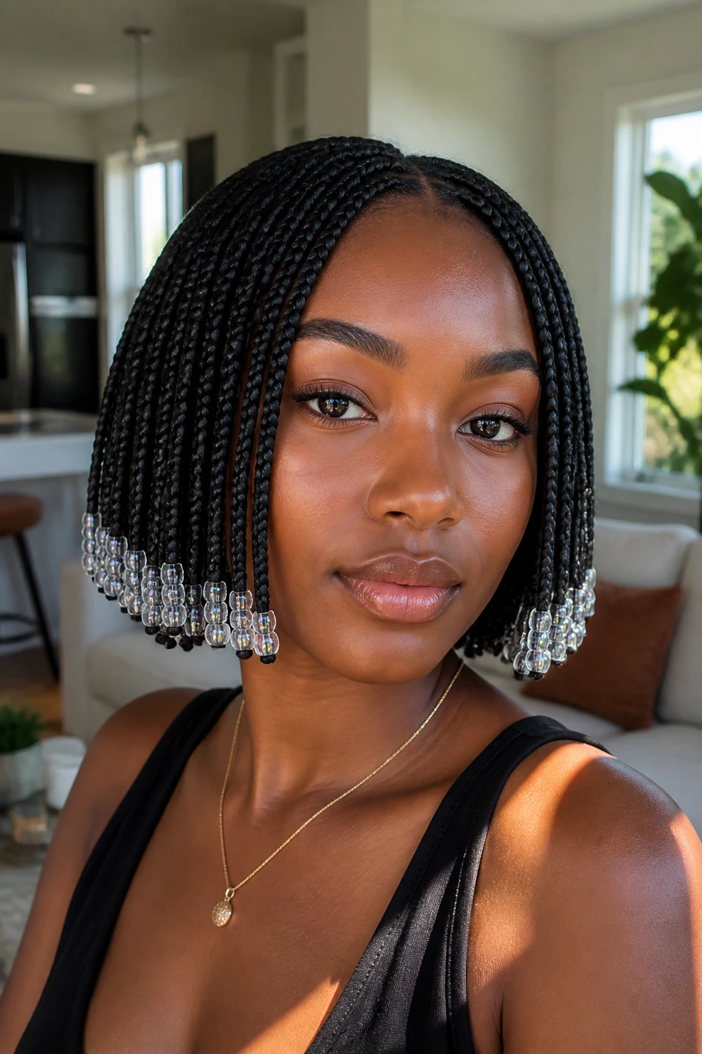 Close-up of chin-length beaded bob braids on a real person.