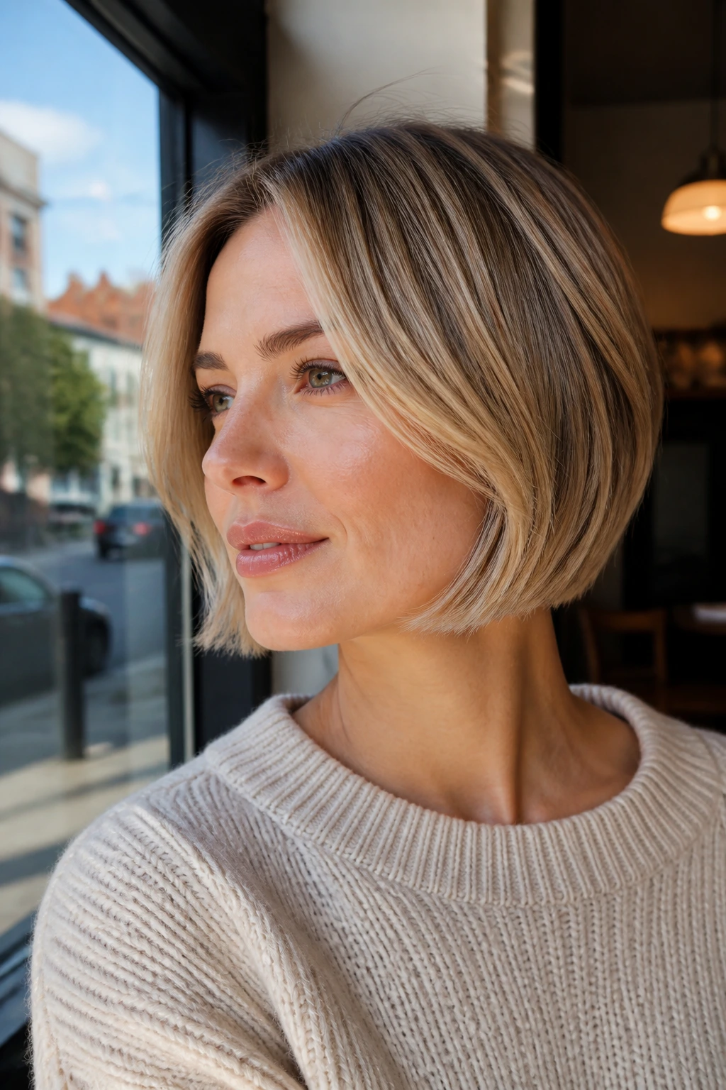 Close-up portrait of a woman with a chin-length blended bob and subtle front blend.