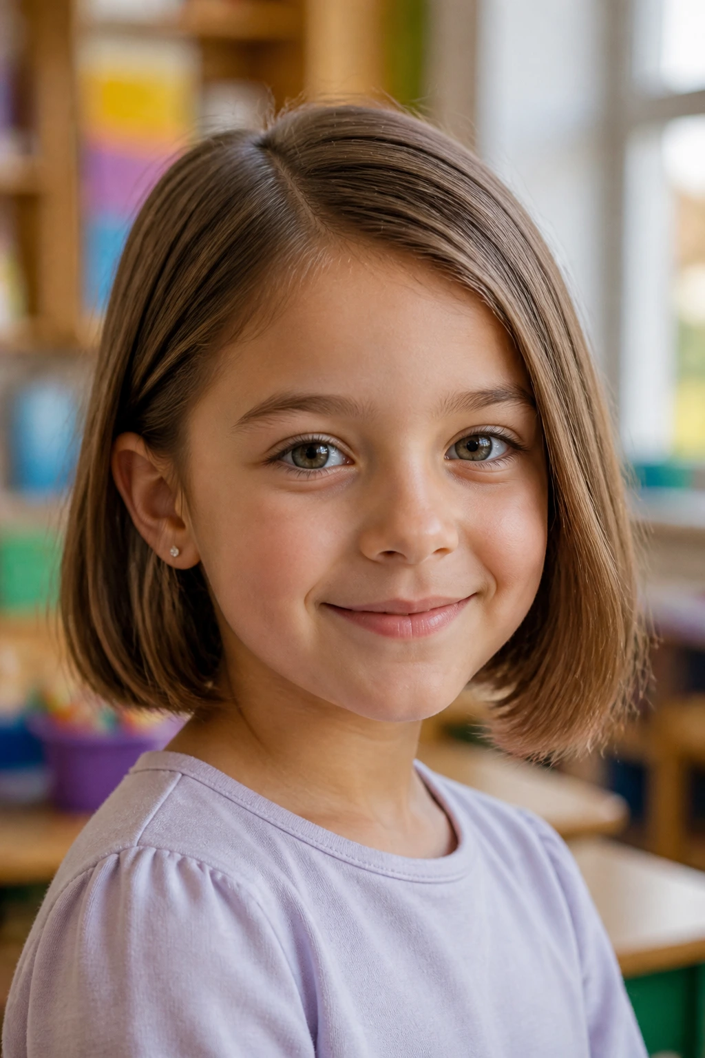 Close-up portrait of a girl with a chin-length blunt bob and side part.