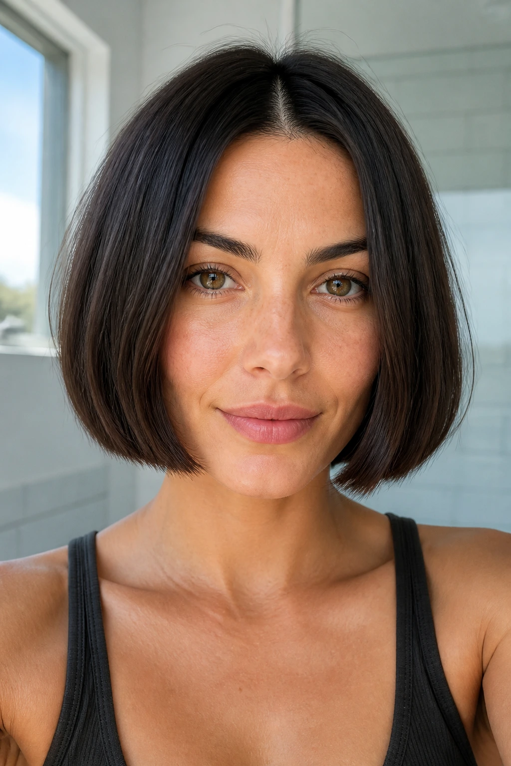 Close-up of a woman with a chin-length blunt bob