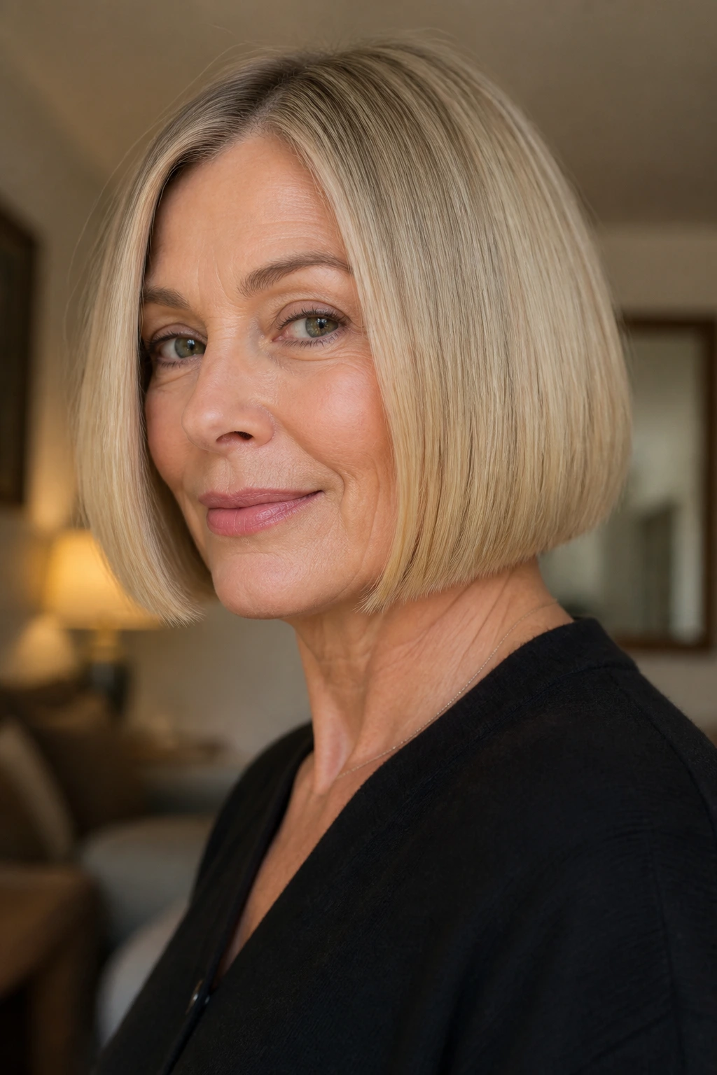 Close-up of a real woman with a chin-length blunt bob and crisp perimeter.
