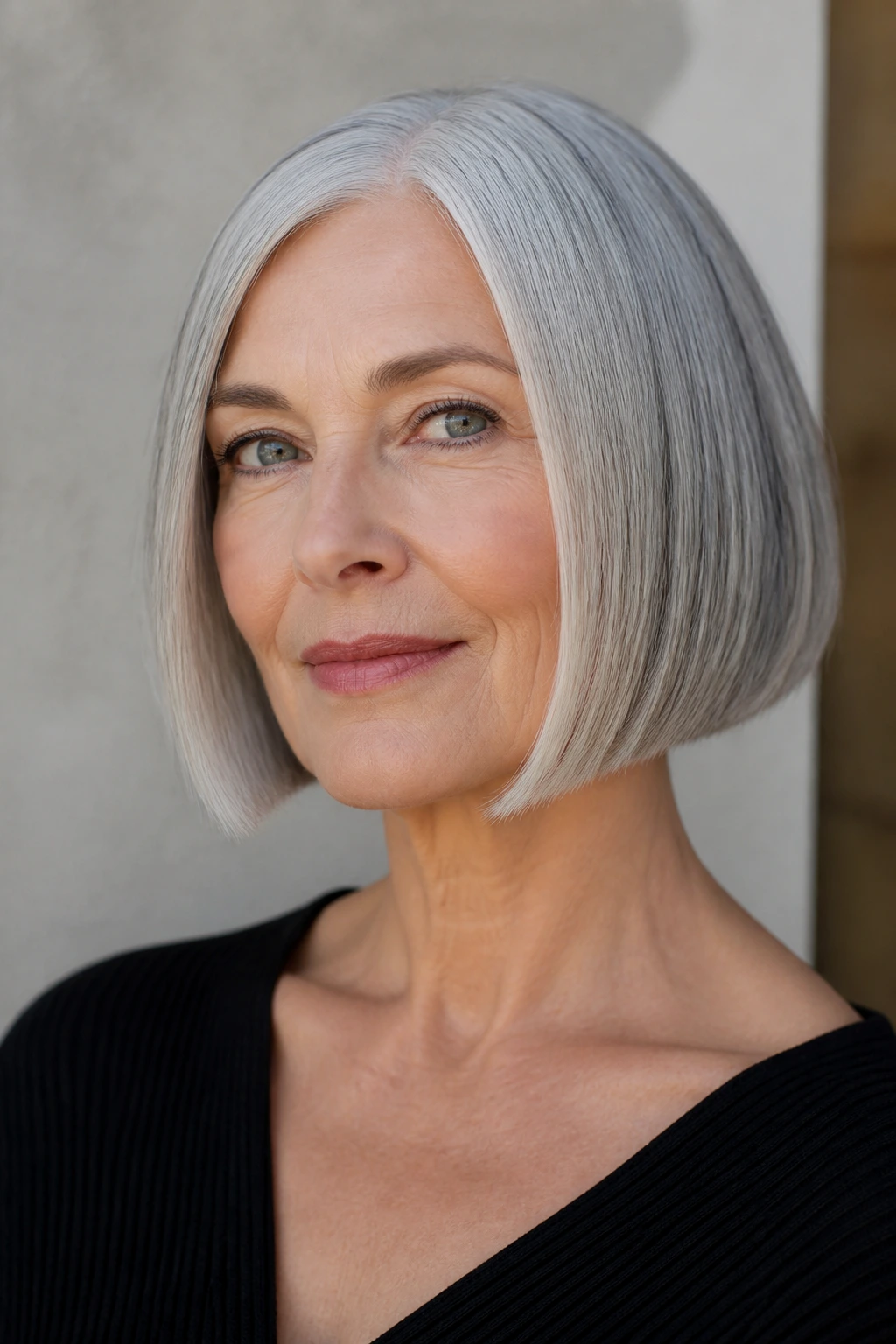 Older woman with a chin-length blunt bob against a soft wall