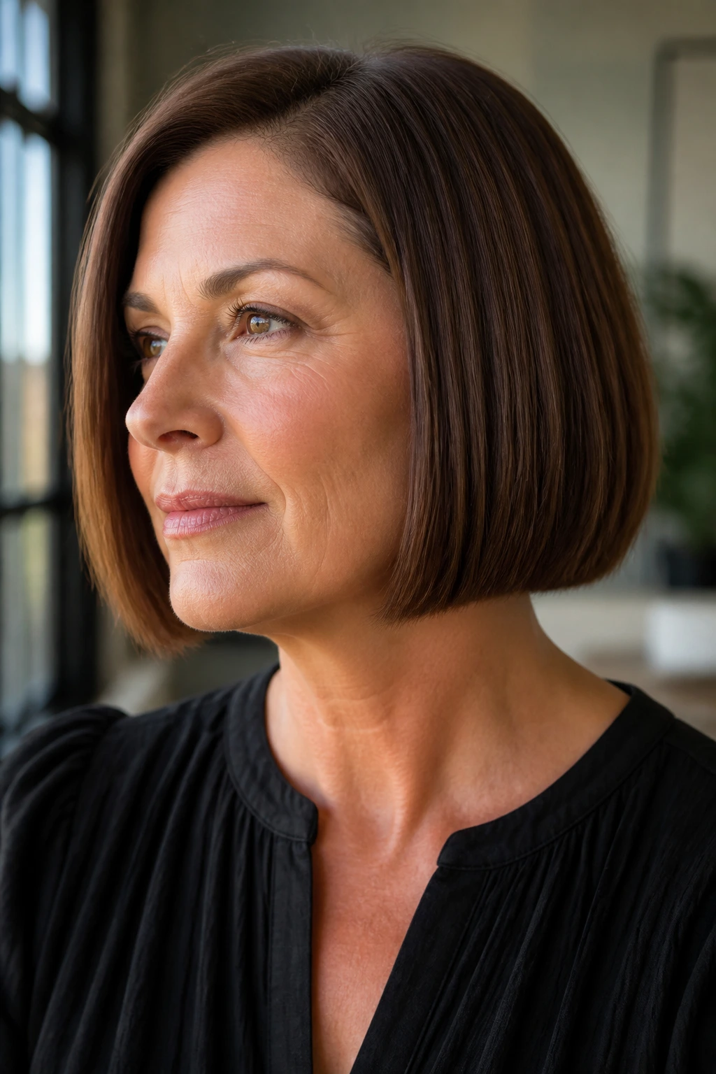 Real woman with chin-length blunt bob and crisp edge in bright interior lighting