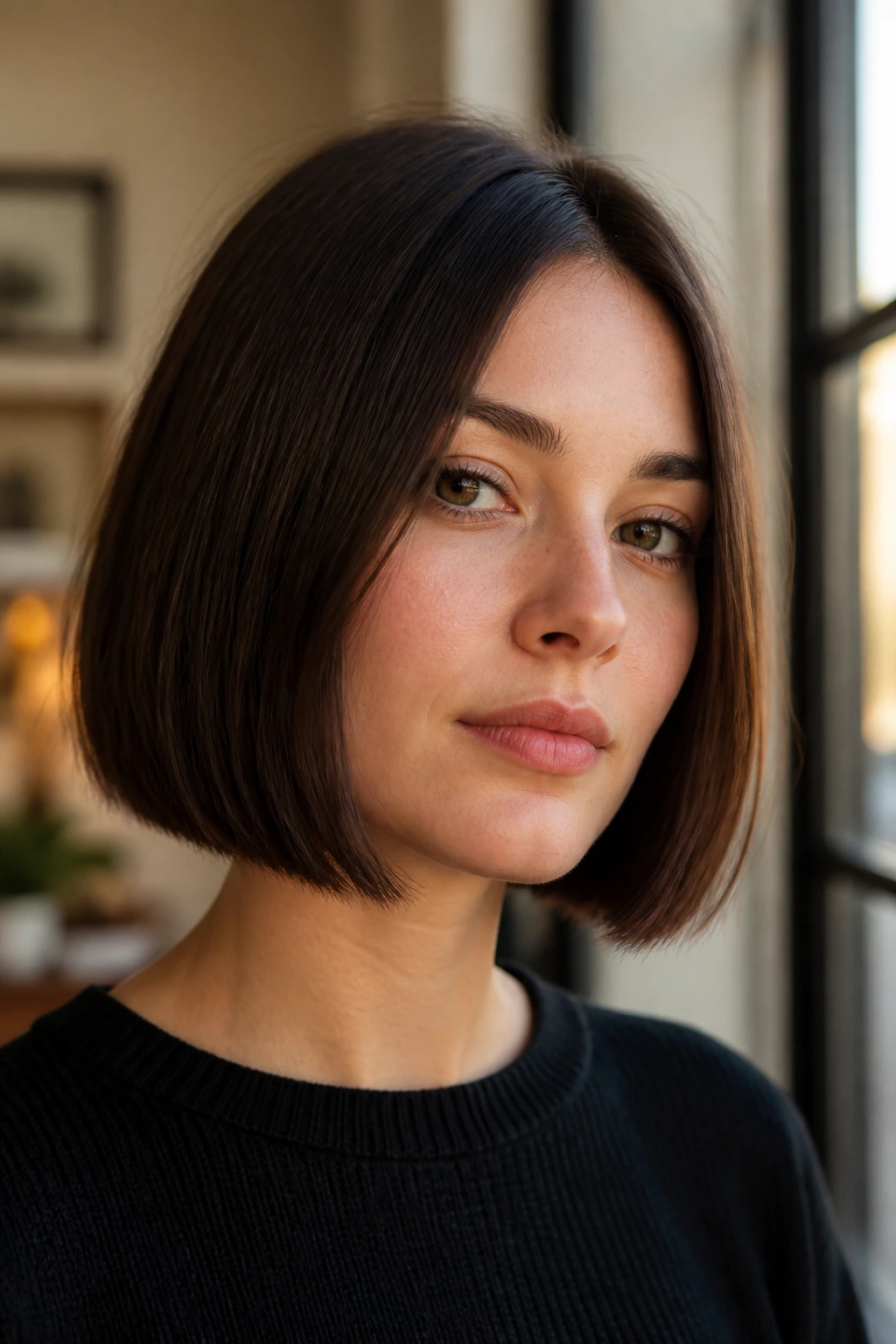 Portrait of a woman with a chin-length blunt bob showing full perimeter