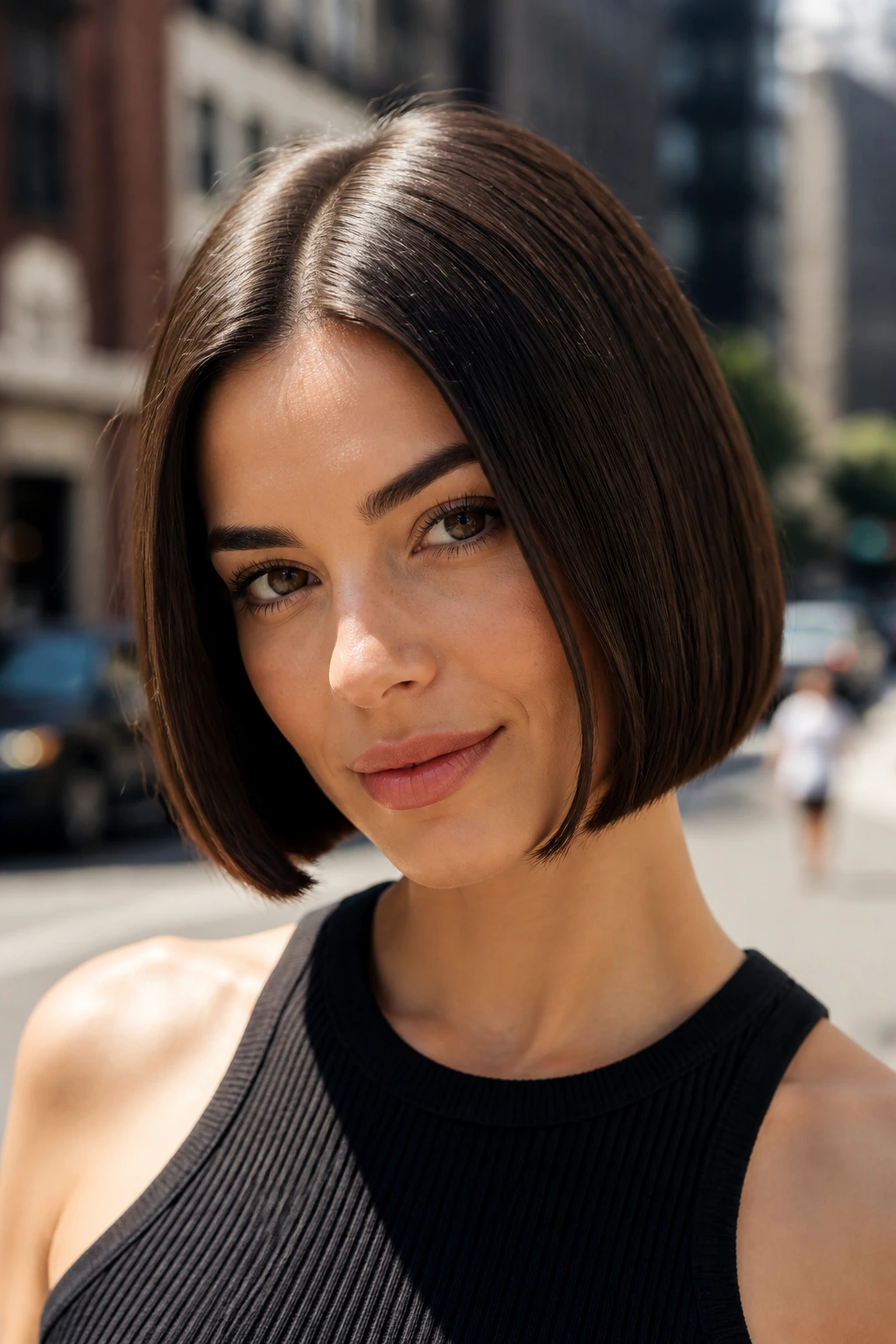 Real woman with chin-length blunt bob and center part