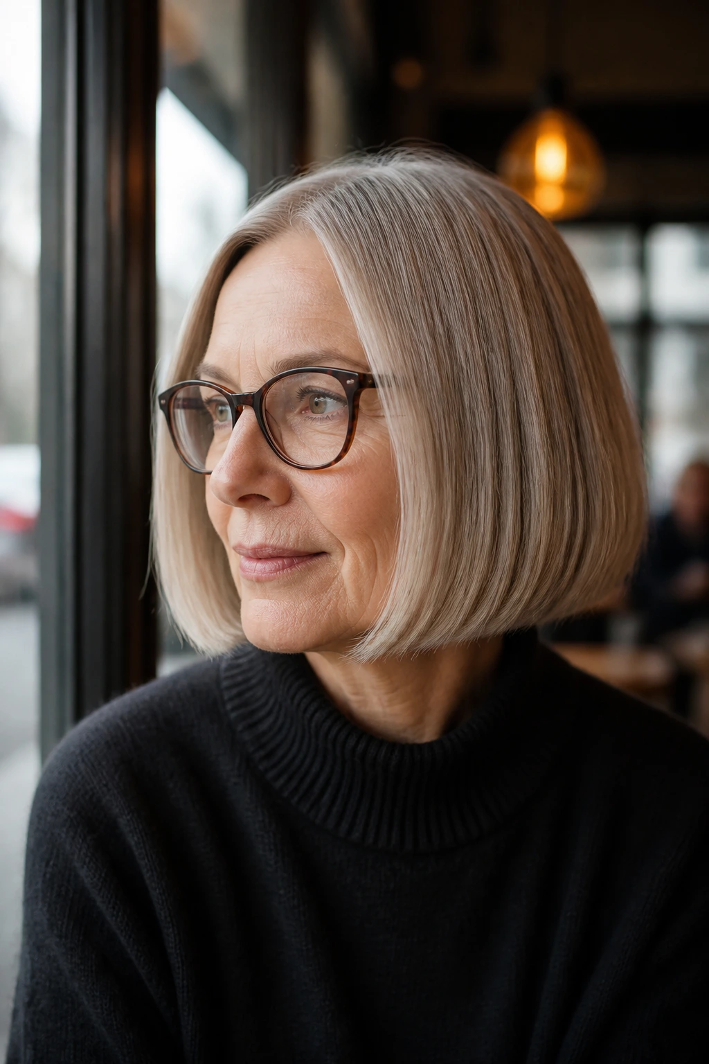 Woman with chin-length blunt bob seated by window in daylight