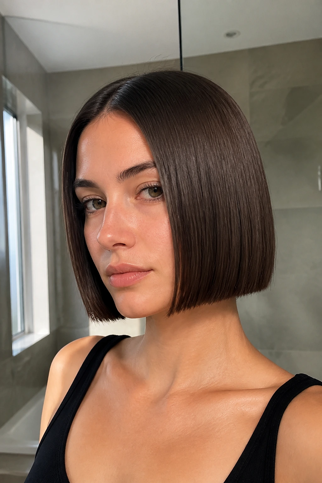Portrait of a real woman with a chin-length blunt bob and straight, sleek hair.