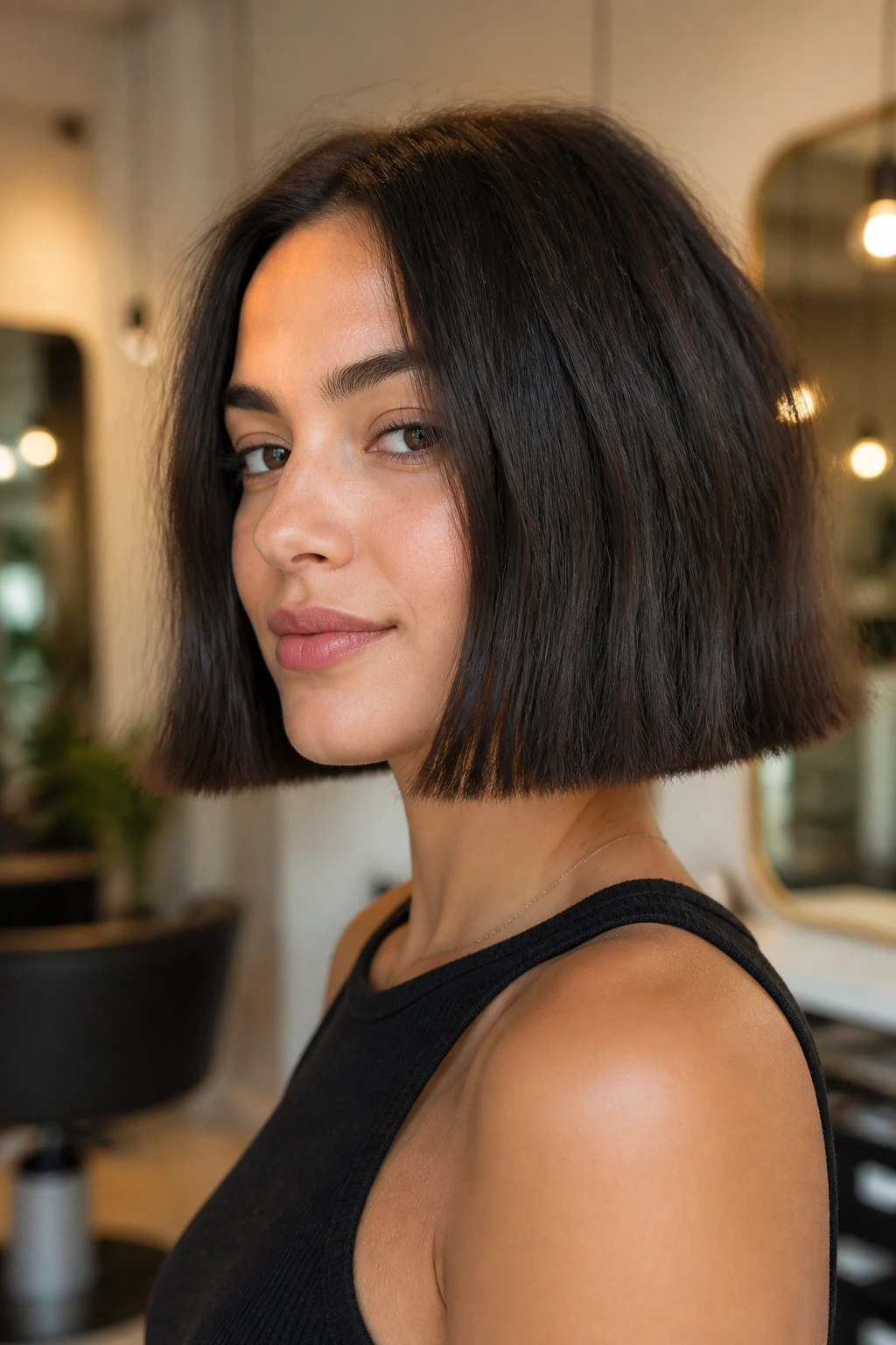 Real person with a chin-length blunt bob in a warm salon