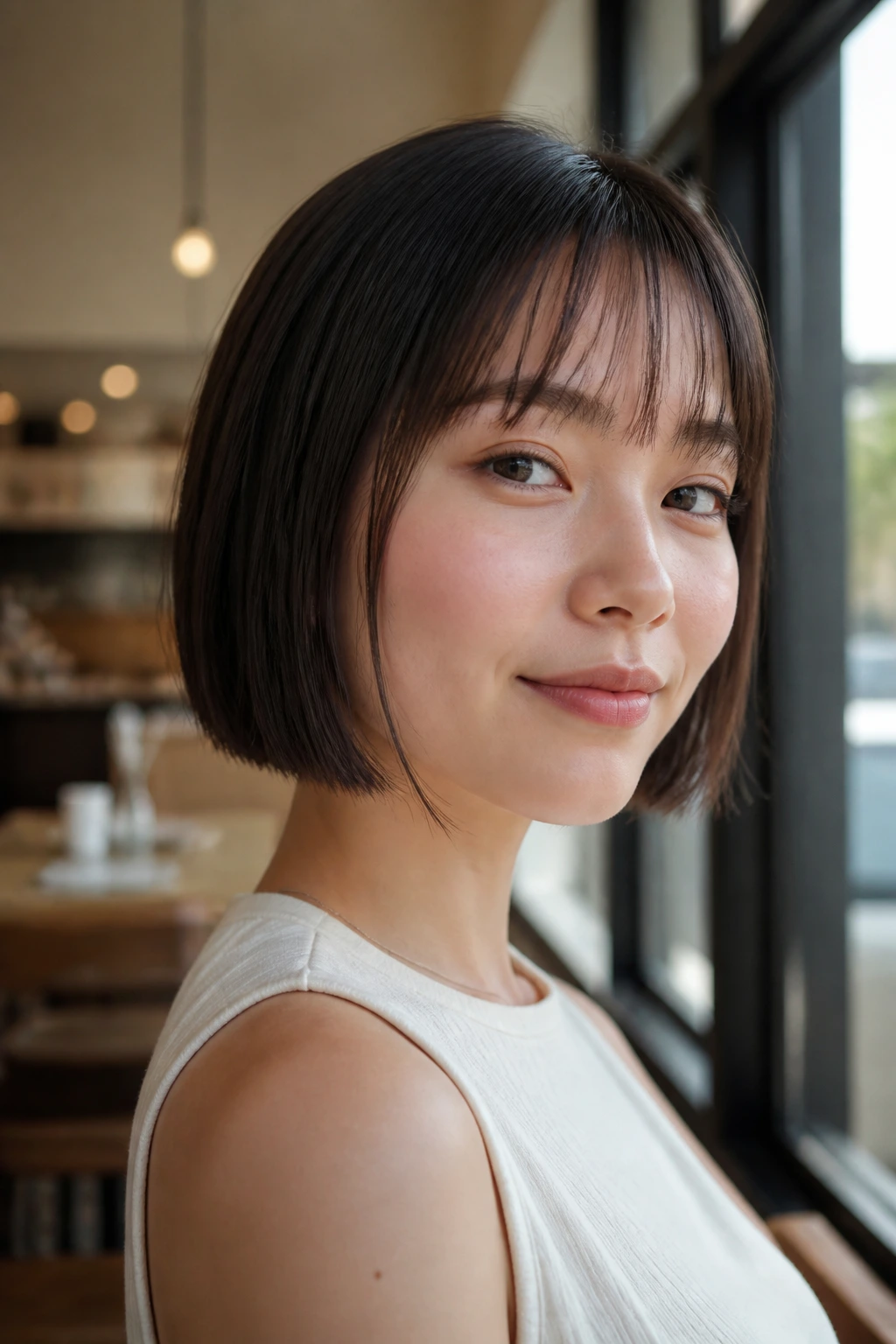 Close-up of a real woman with a chin-length blunt bob and see-through bangs under natural cafe light.