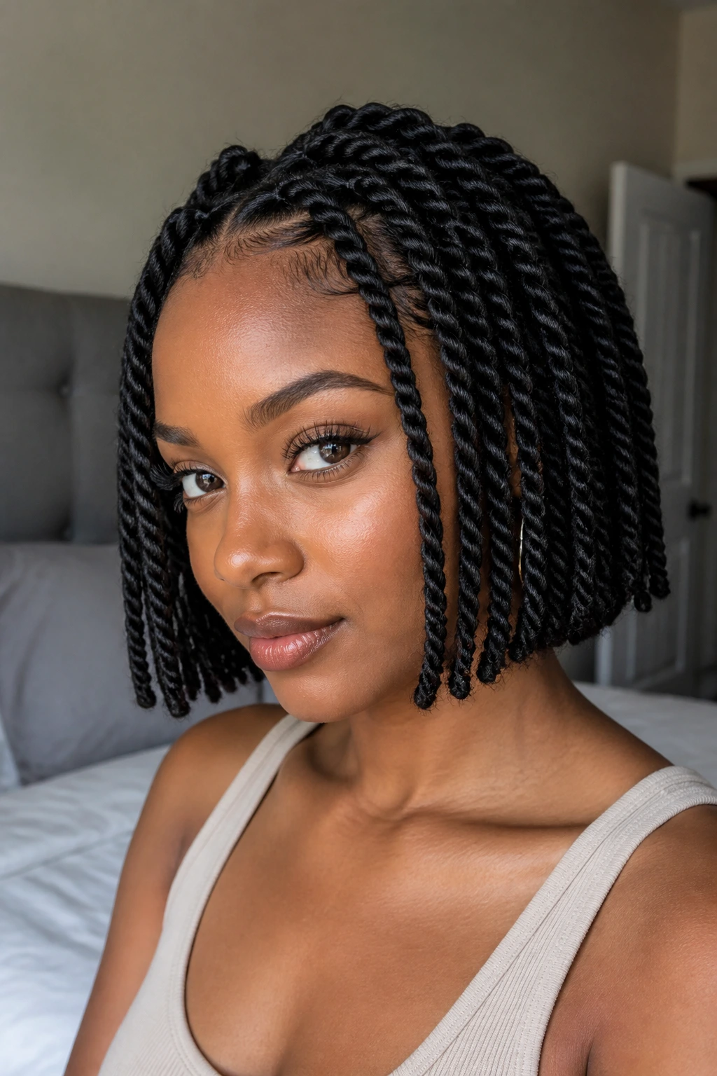 Close-up of a real woman with chin-length blunt twists framing the jaw