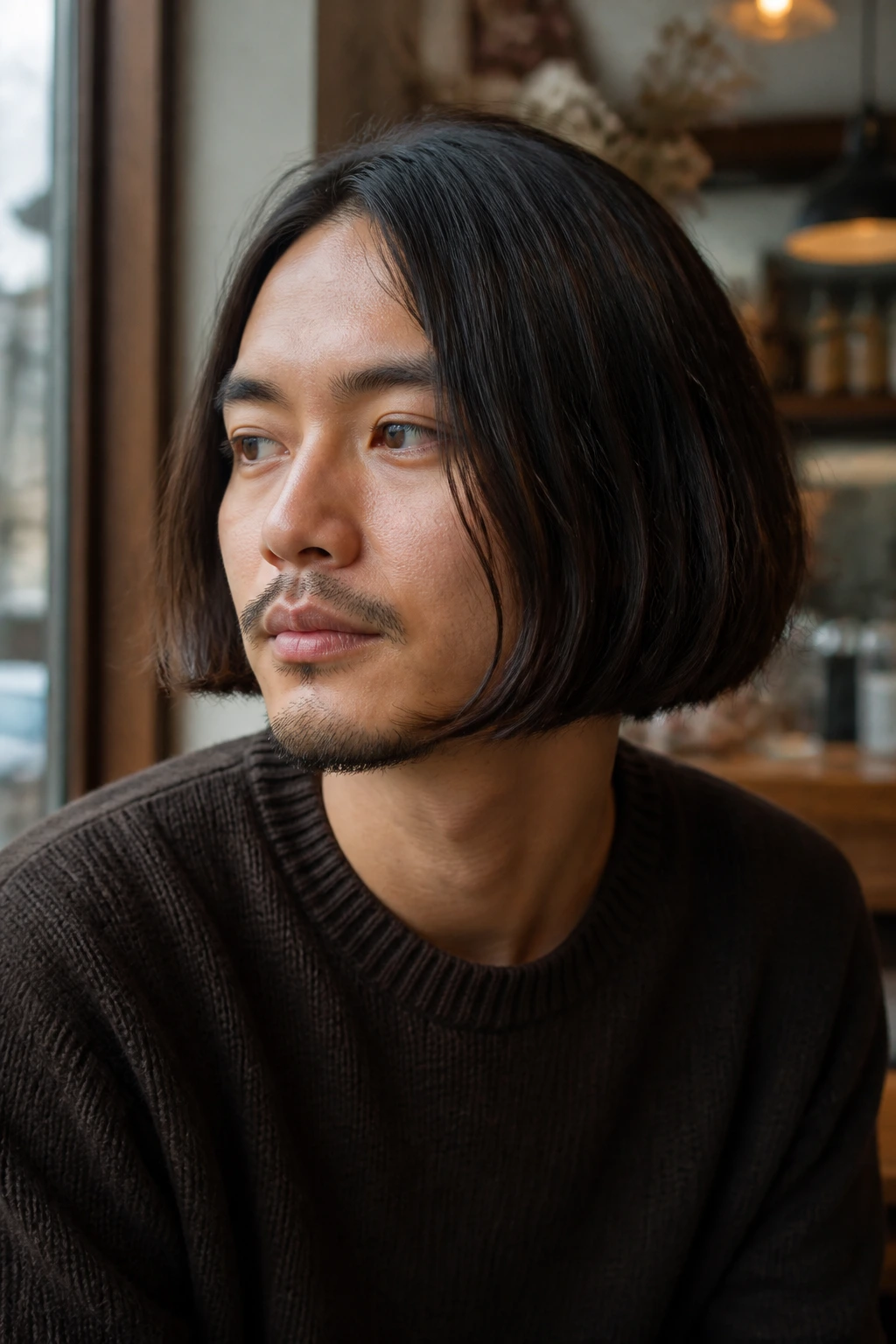 Close-up of a man with chin-length bob hairstyle