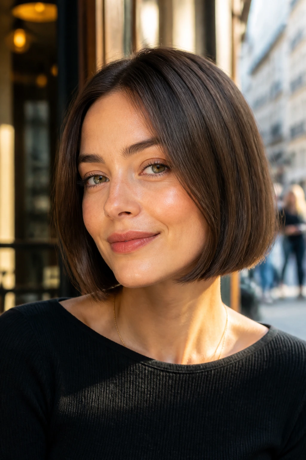 Close-up portrait of a real woman with a chin-length classic bob under warm cafe light