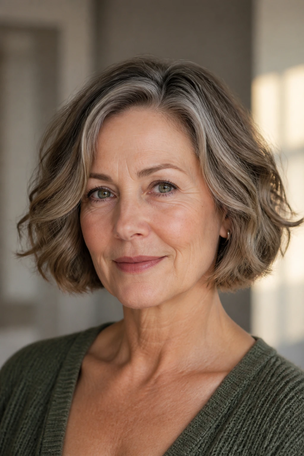 Close-up of a real woman with chin-length wavy bob and airy ends