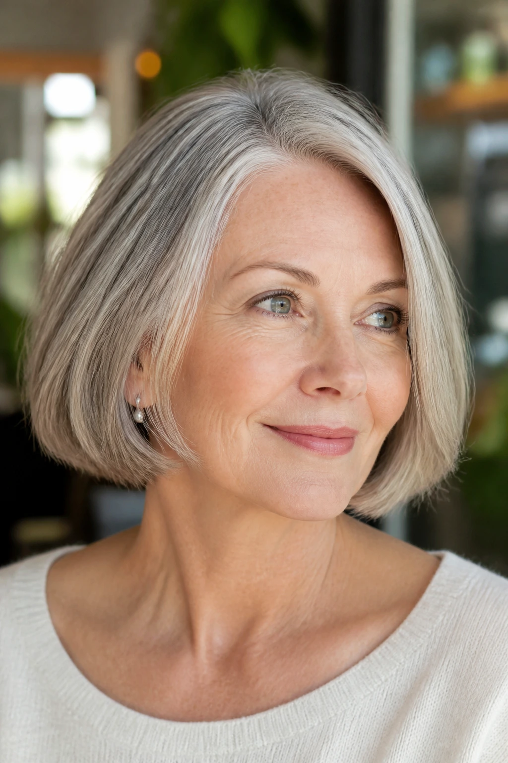Portrait of a woman with a chin-length bob and airy ends.