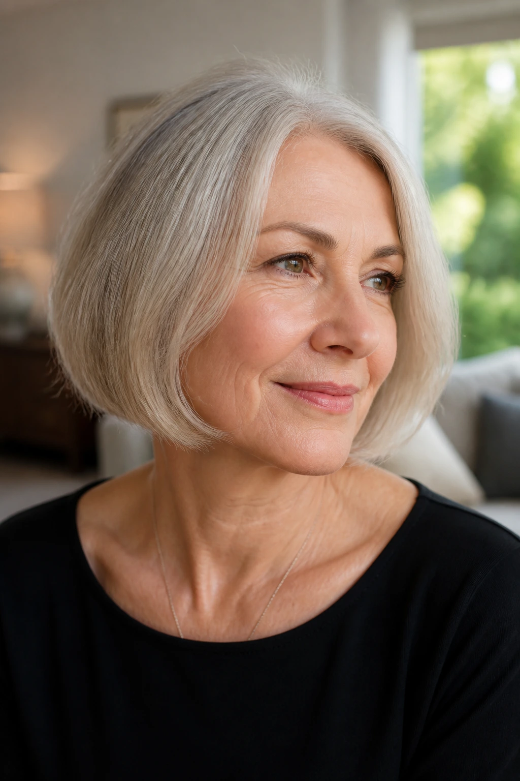 Portrait of a woman with a chin-length bob and airy ends