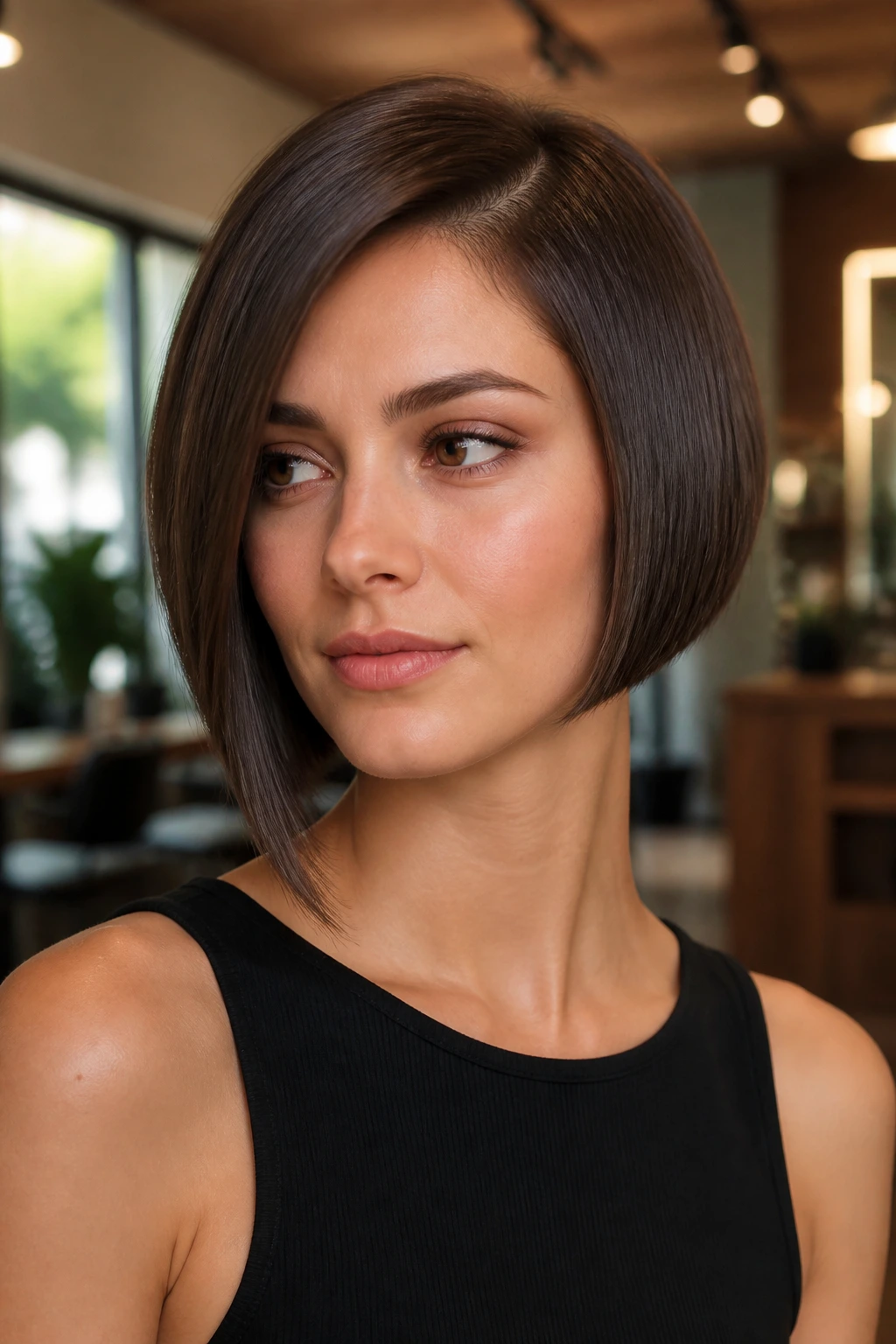 Portrait of a woman with sleek chin-length asymmetrical bob with shorter and longer sides