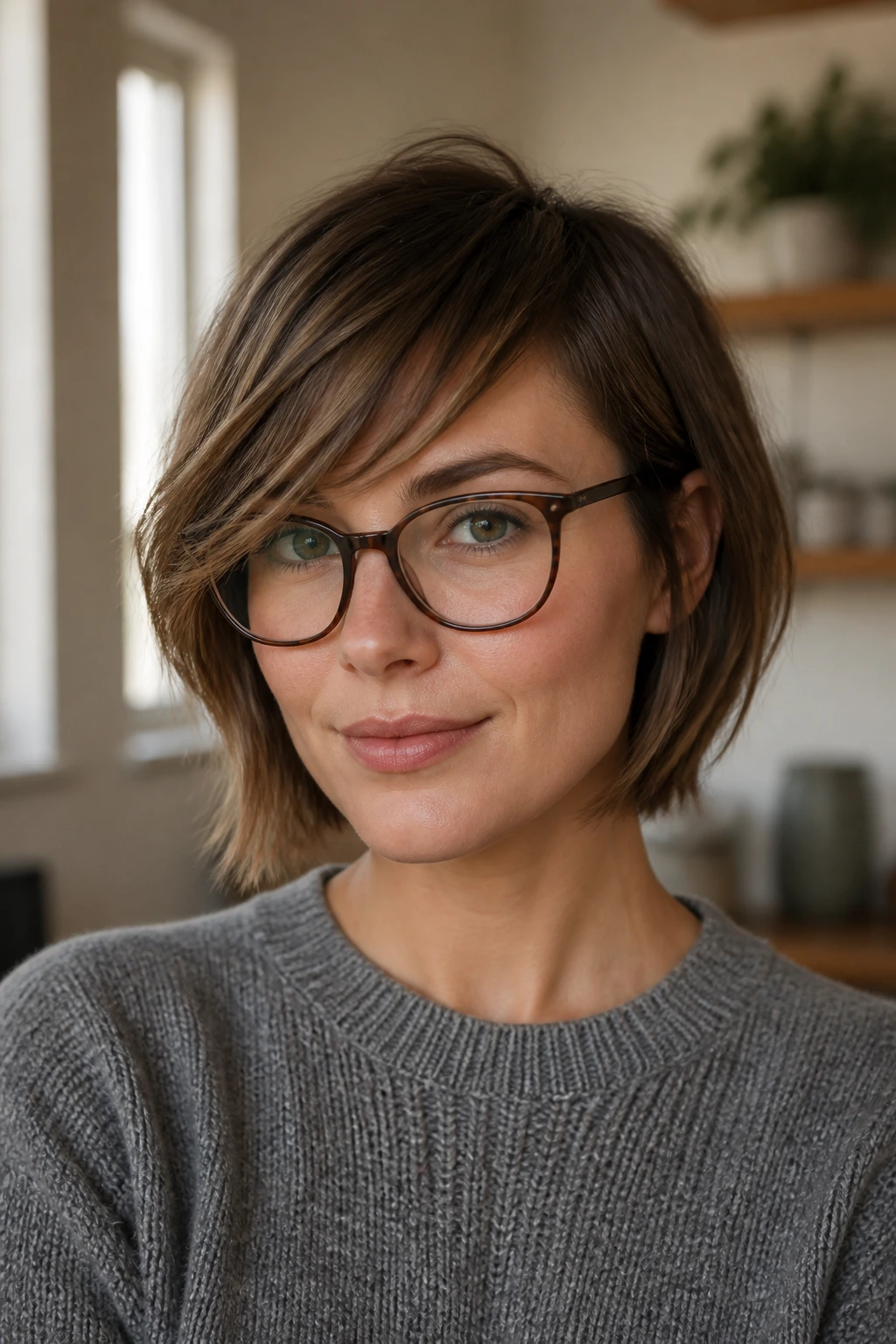 Chin-length bob with side-swept piecey bangs on a real person