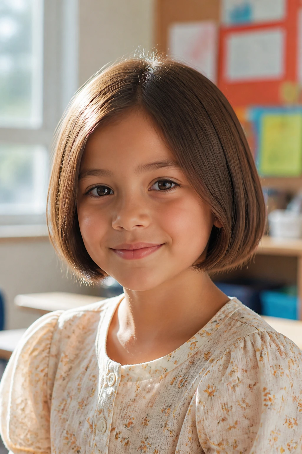 Child with chin-length classic bob close-up portrait.