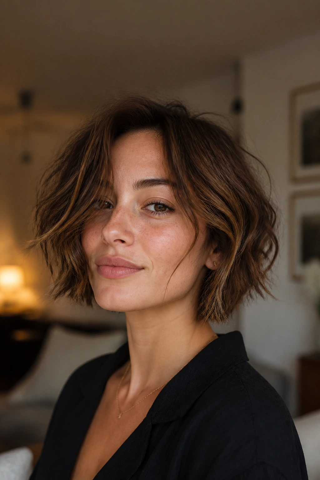 Close-up of a real person with chin-length choppy bob soft ends