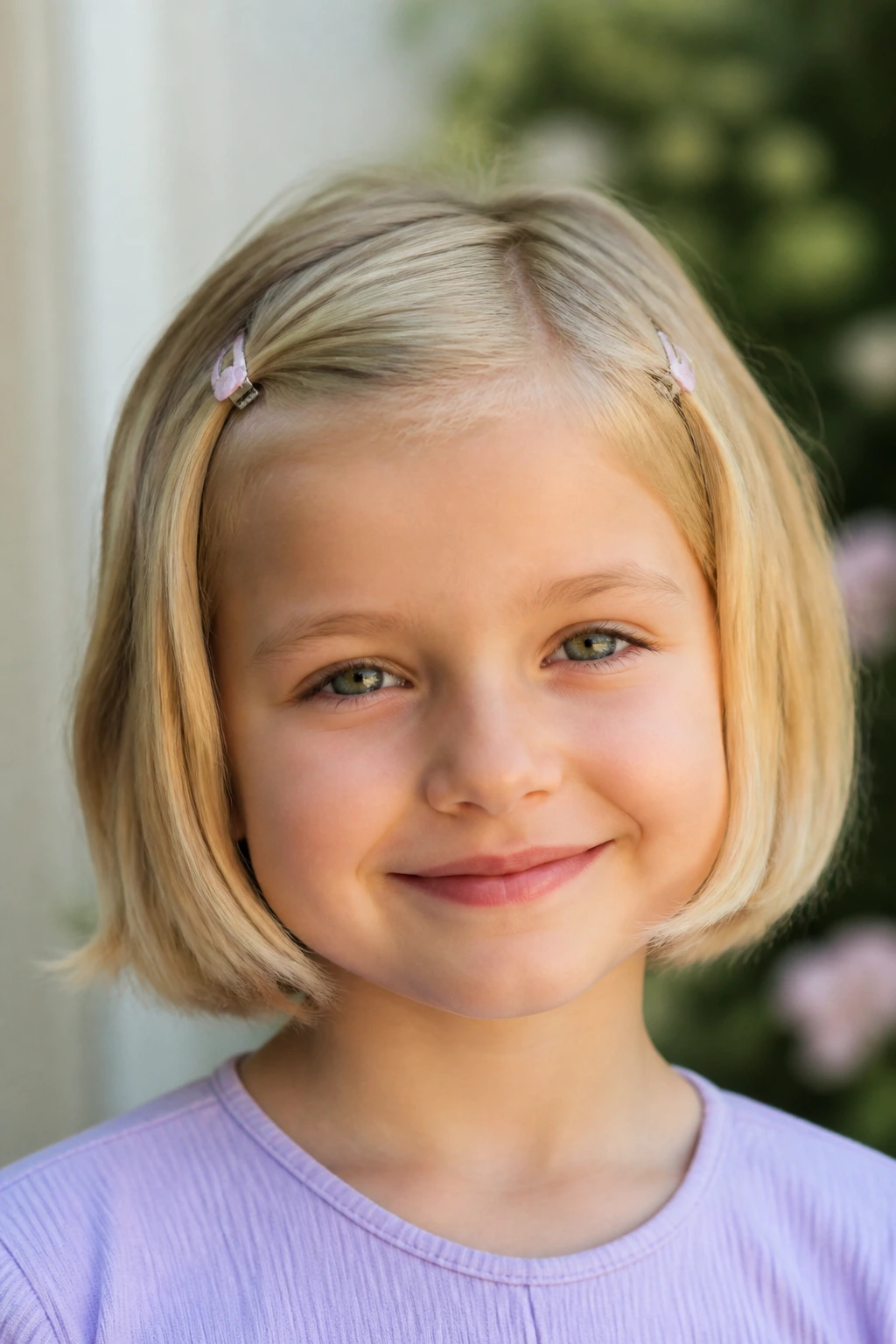 Real child with chin-length bob and tiny clips