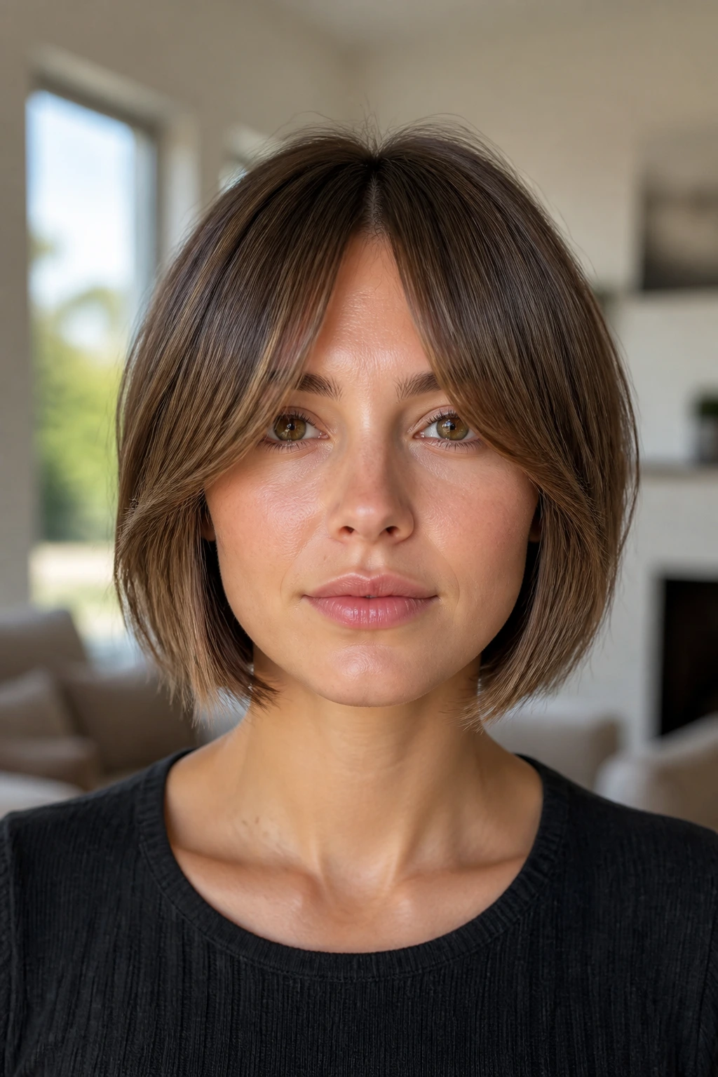 Real woman with chin-length bob and curtain bangs
