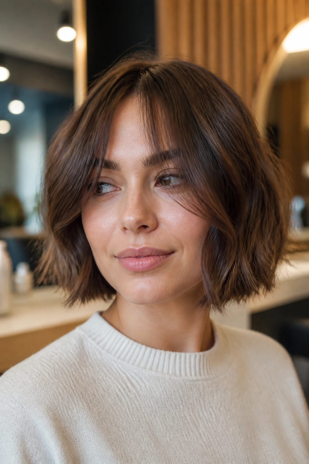 Close-up of a real woman with chin-length choppy bob and curtain bangs