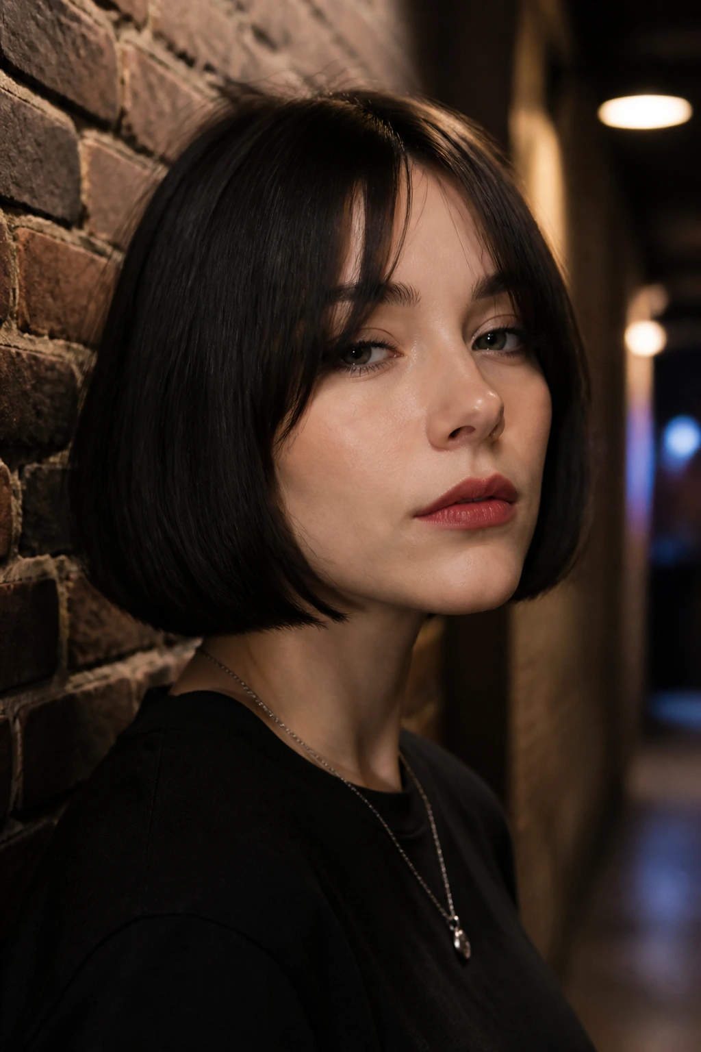 Close-up portrait of a real woman with chin-length blunt bob and curtain bangs in moody lighting