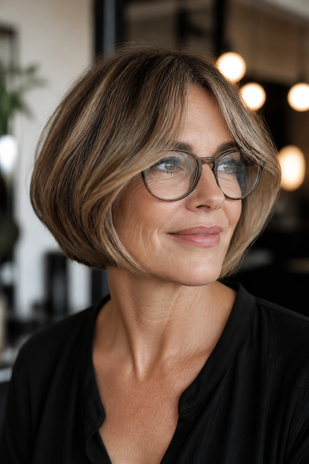 Close-up portrait of a real woman with a chin-length bob and curtain bangs in warm window light