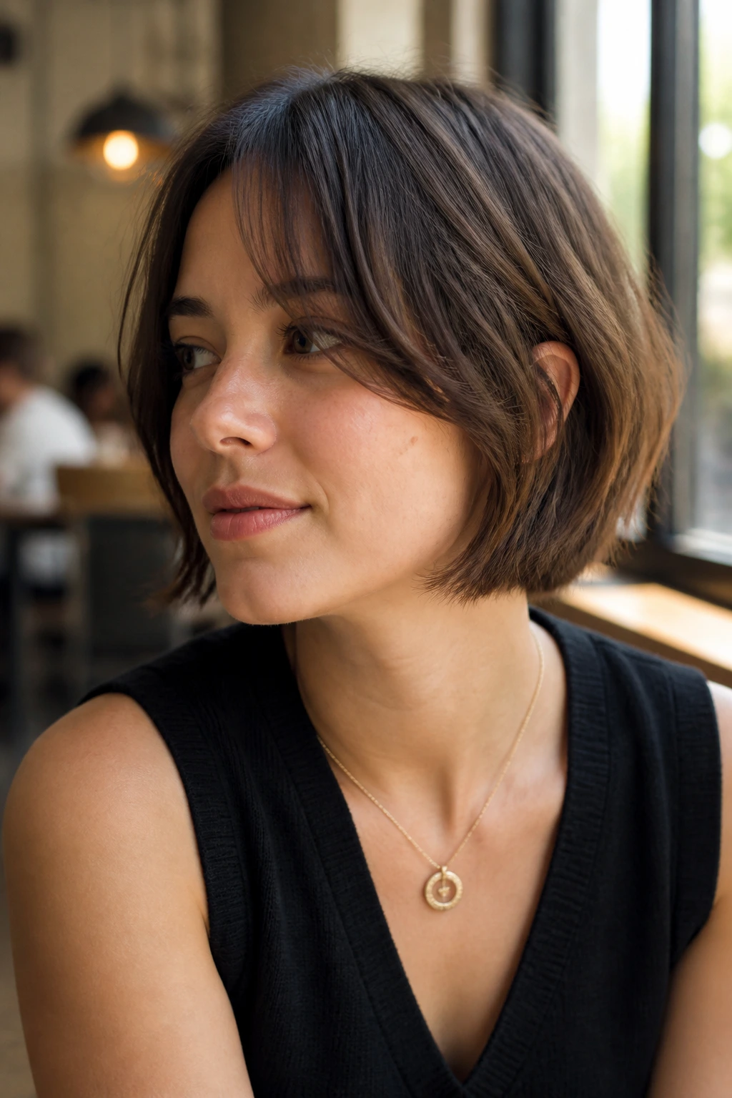 Close-up of chin-length bob with curtain fringe and chopped ends