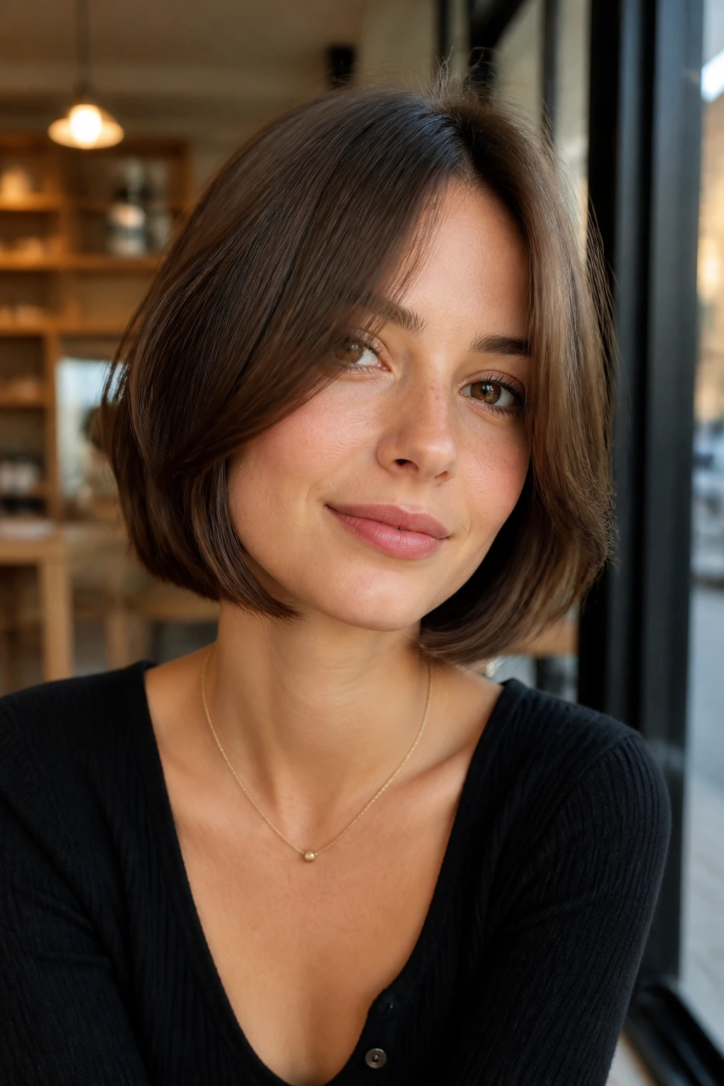 Real woman with chin-length bob and longer curtain fringe