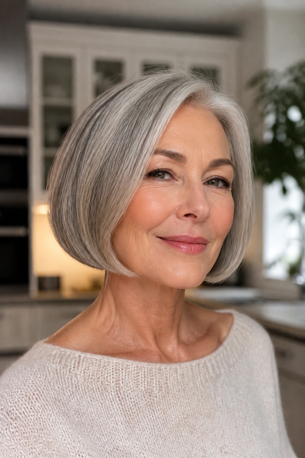 Close-up of a real woman with a chin-length bob featuring a gentle curve