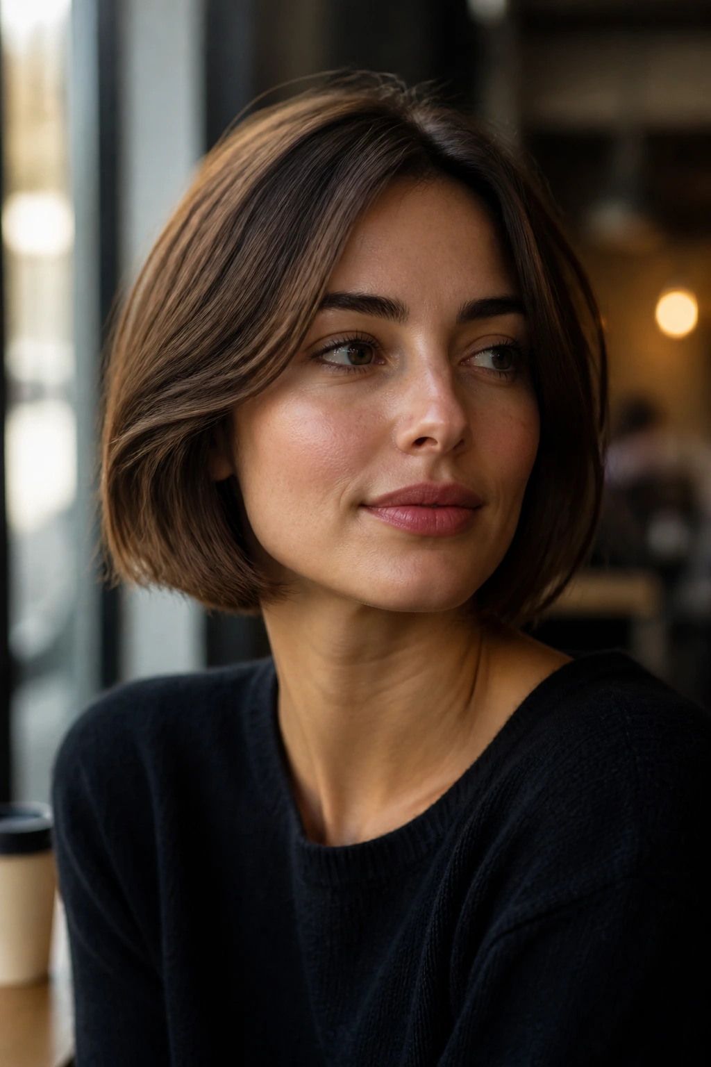 Woman with chin-length bob portrait by a window