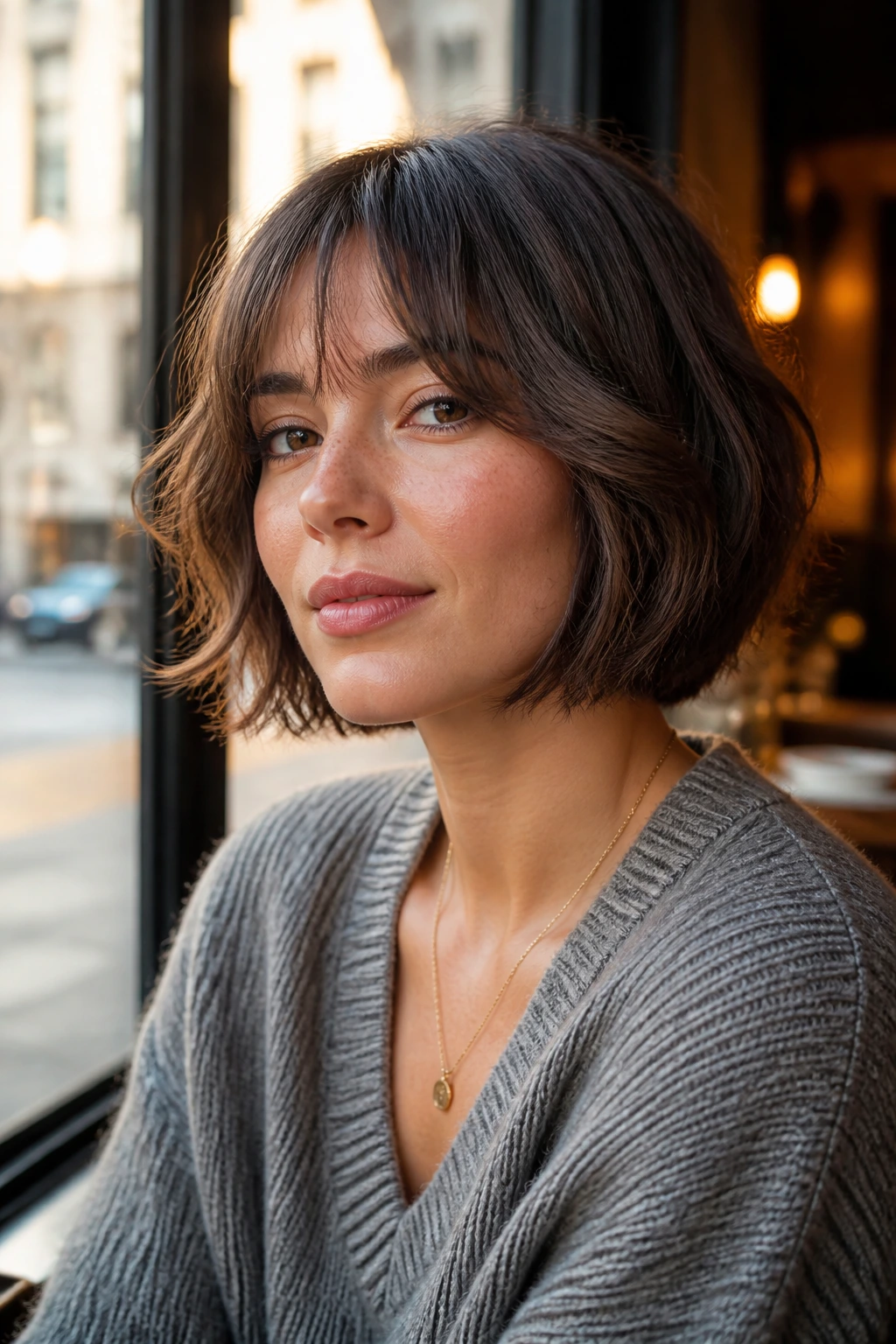 Close-up of chin-length French bob with feathered ends on a real woman in cafe window light.
