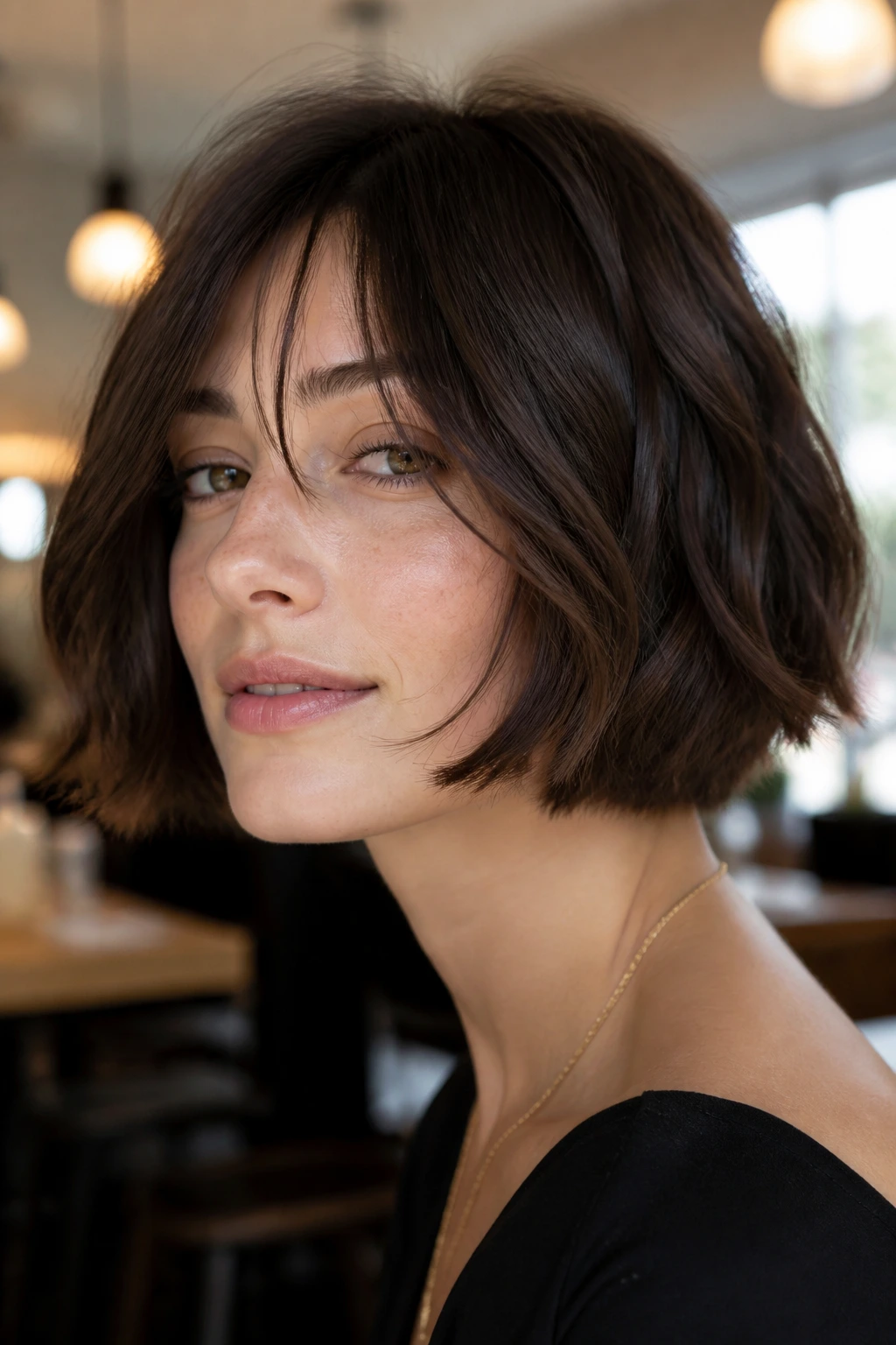 Chin-length bob with feathered ends framing the jaw on a real person