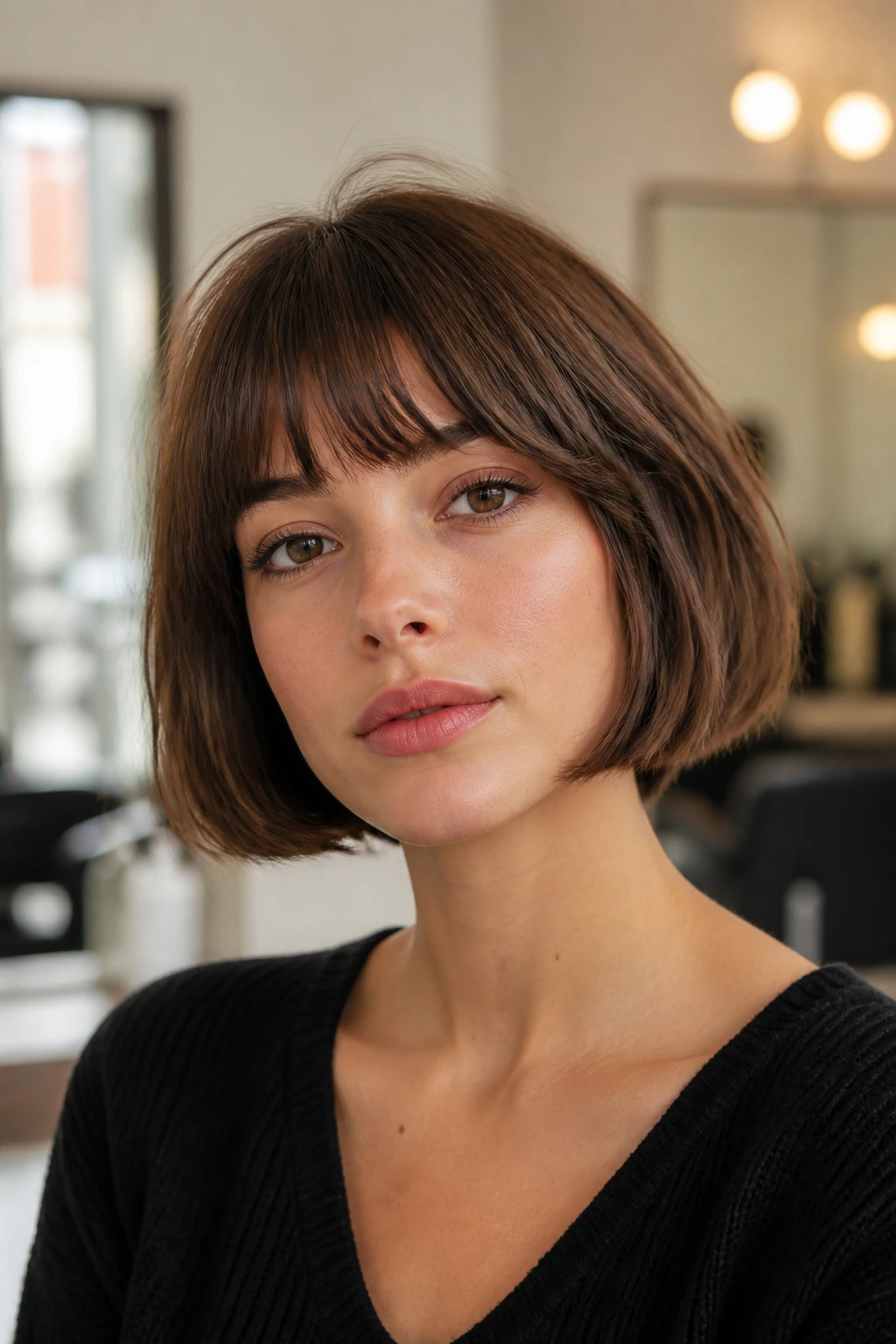 Close-up portrait of a woman with a chin-skimming French bob and soft fringe under warm window light